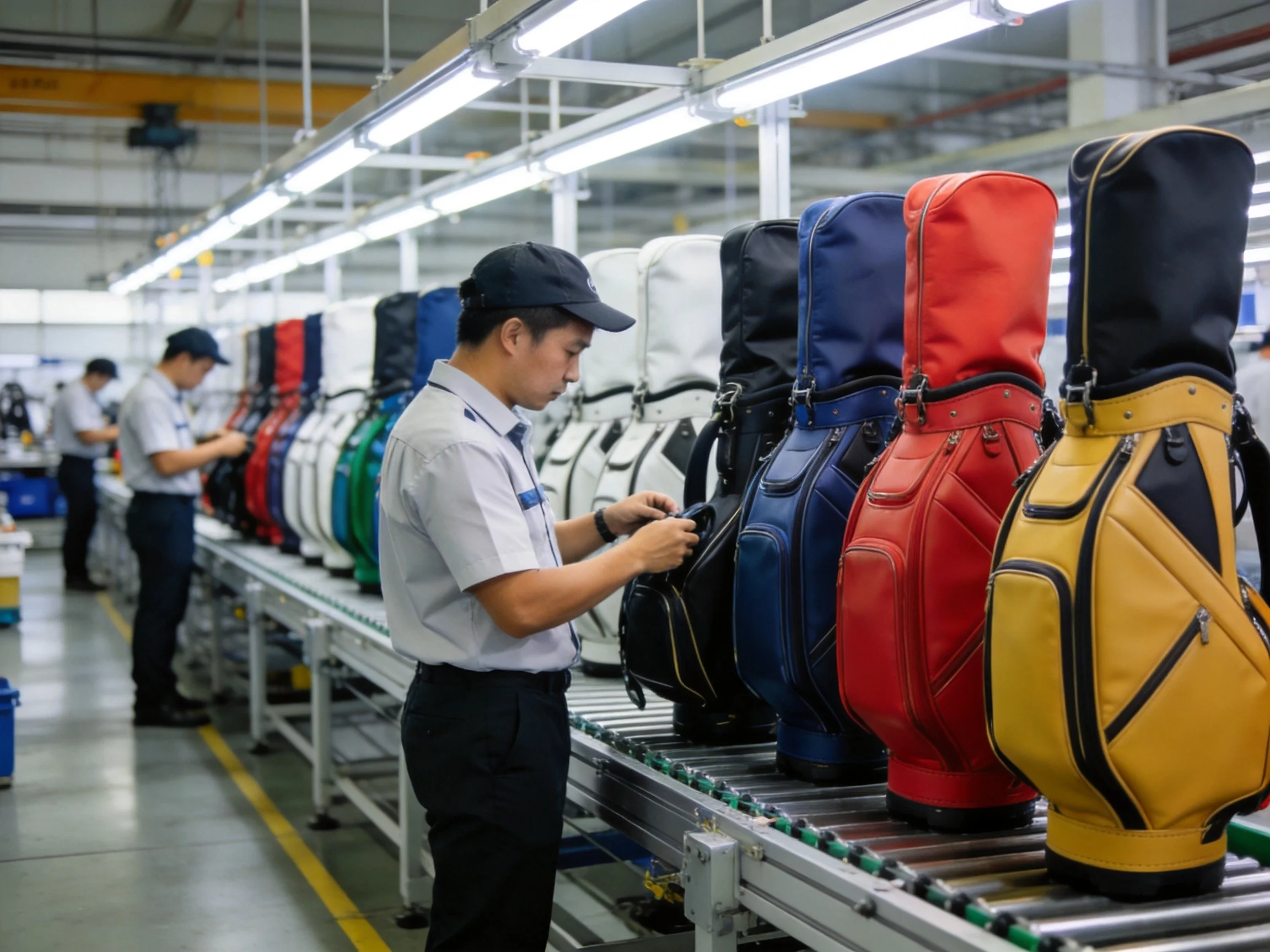 Golf bag manufacturing factory production line at Keep Perfect Golf in Quanzhou