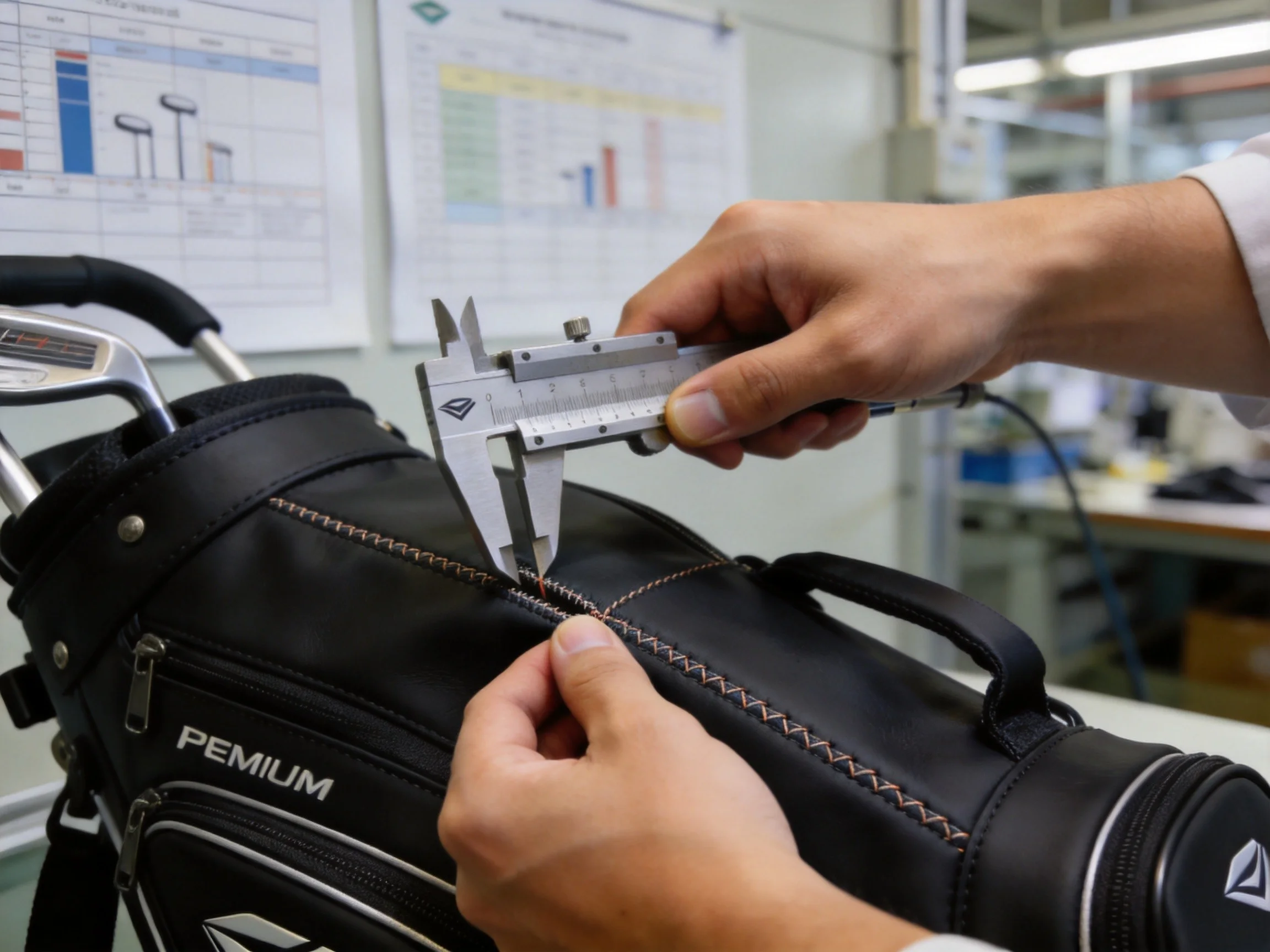 Golf bag quality control inspection process showing stitch checking and material testing
