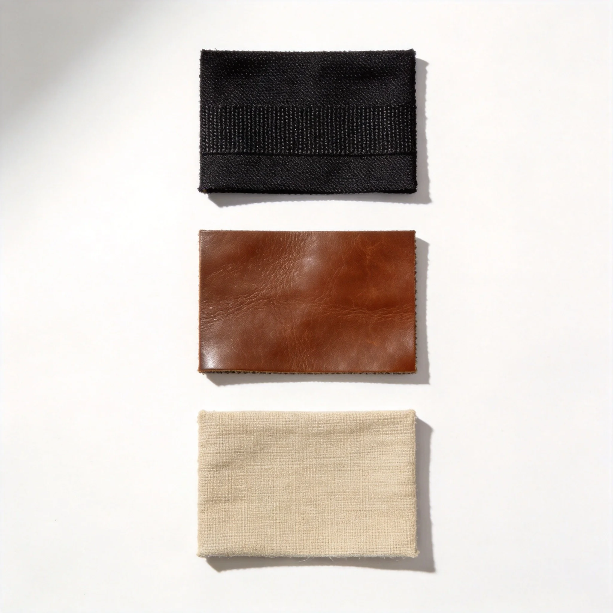 Custom golf bag materials comparison showing Cordura nylon PU leather and canvas fabric samples