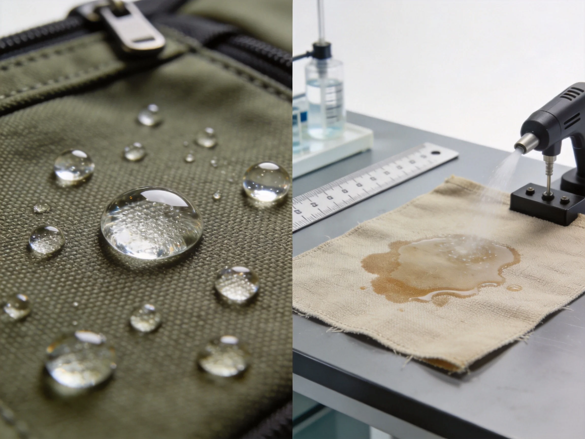 Golf bag fabric water resistance testing in laboratory comparing Cordura nylon canvas and PU leather