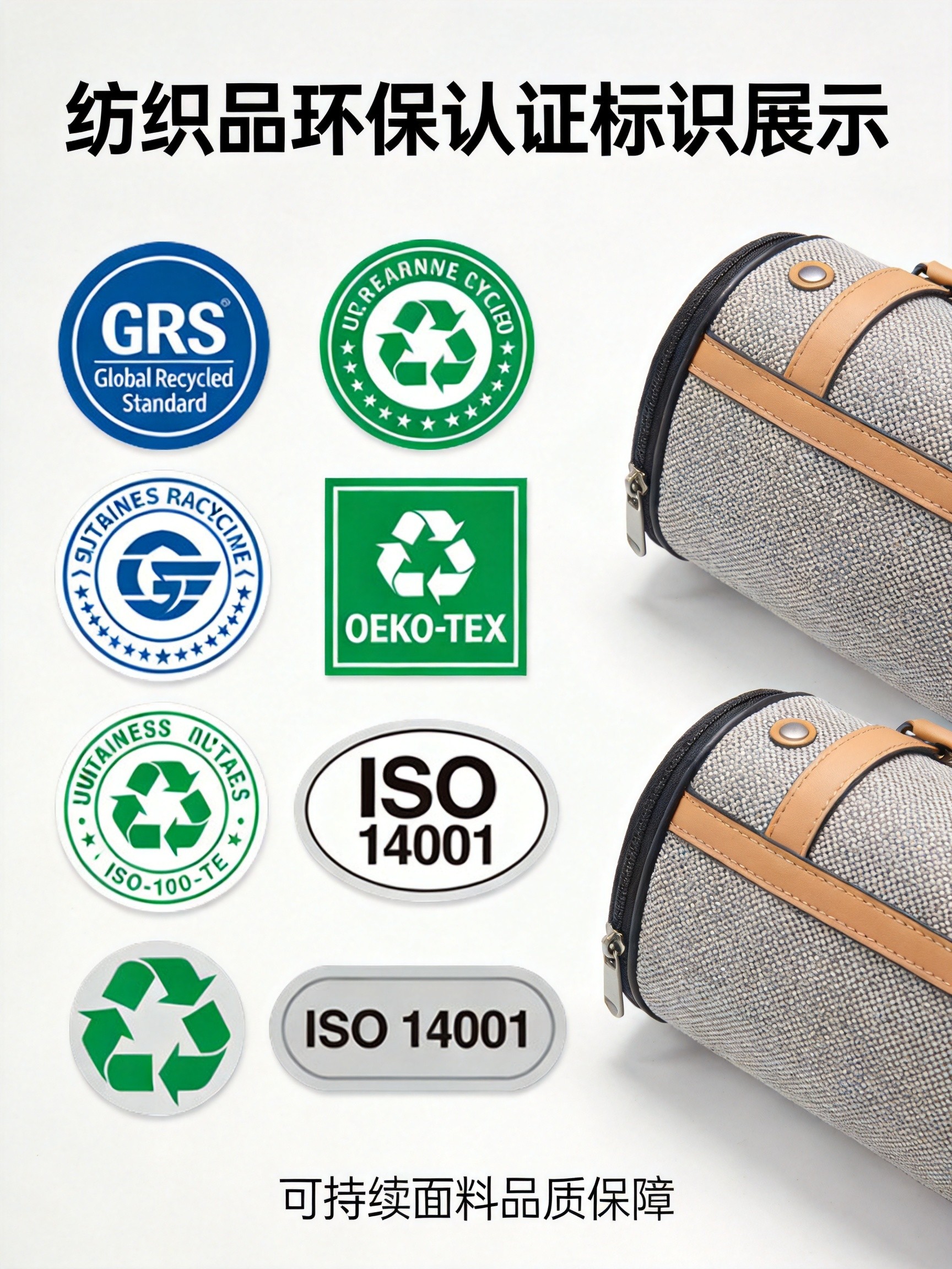Certifications for Sustainable Golf Bag Manufacturing Environmental and sustainability certifications for golf bag manufacturing including GRS OEKO-TEX ISO 14001