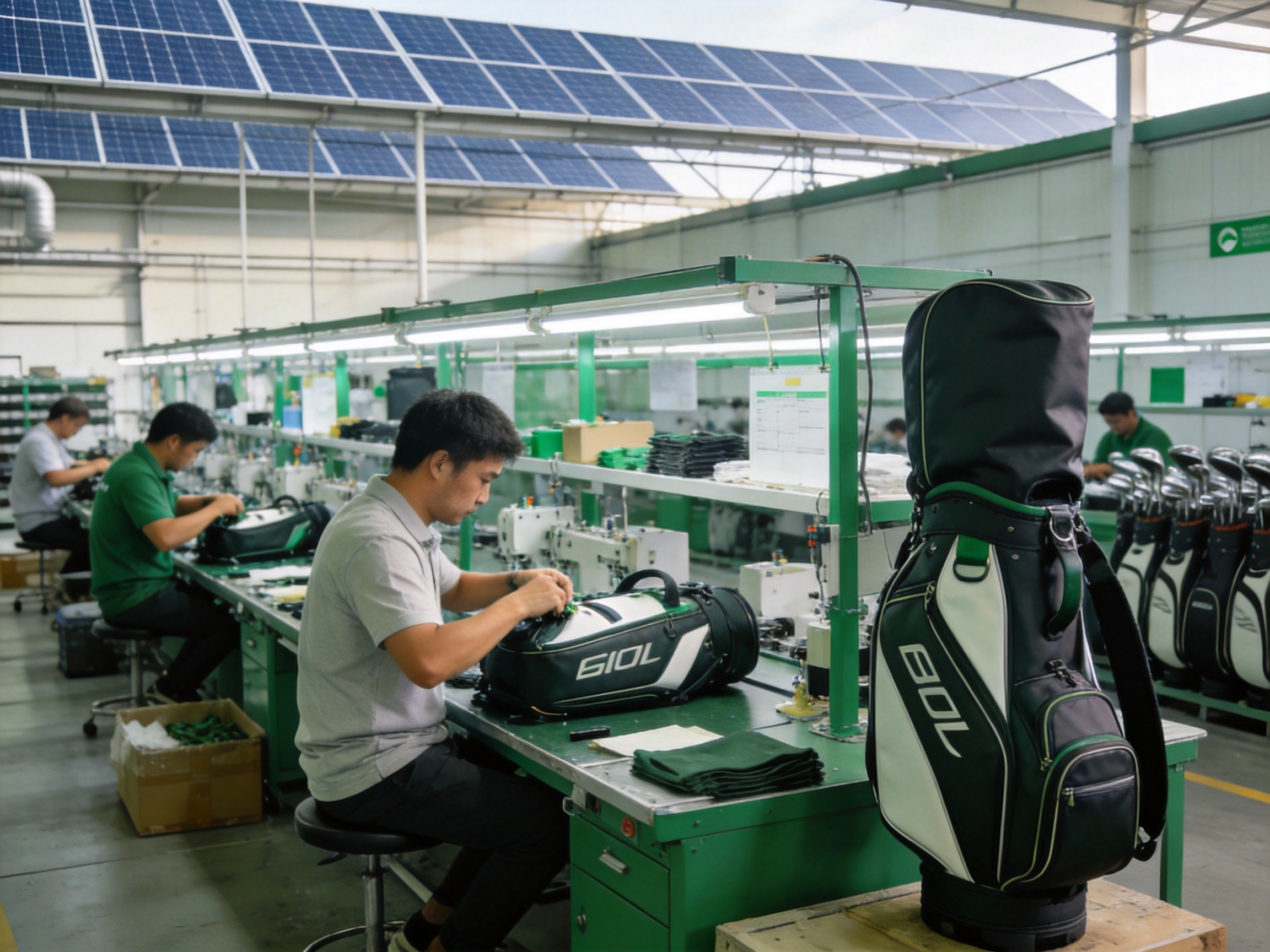 Keep Perfect Golf Sustainable Manufacturing Facility Modern sustainable golf bag manufacturing facility with eco-friendly production processes