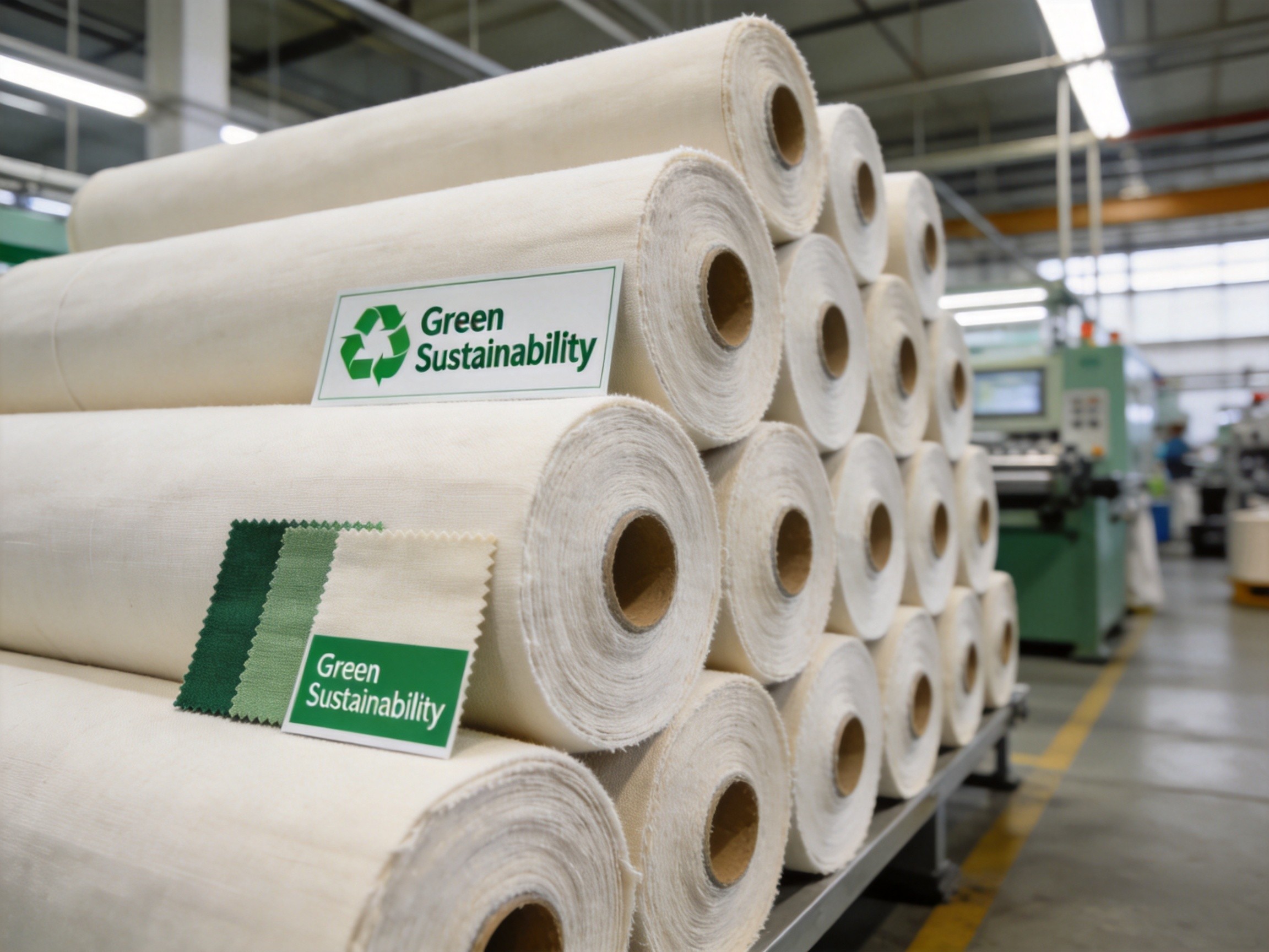 RPET Recycled Polyester Fabric for Sustainable Golf Bag Manufacturing RPET recycled polyester fabric rolls in sustainable golf bag manufacturing facility