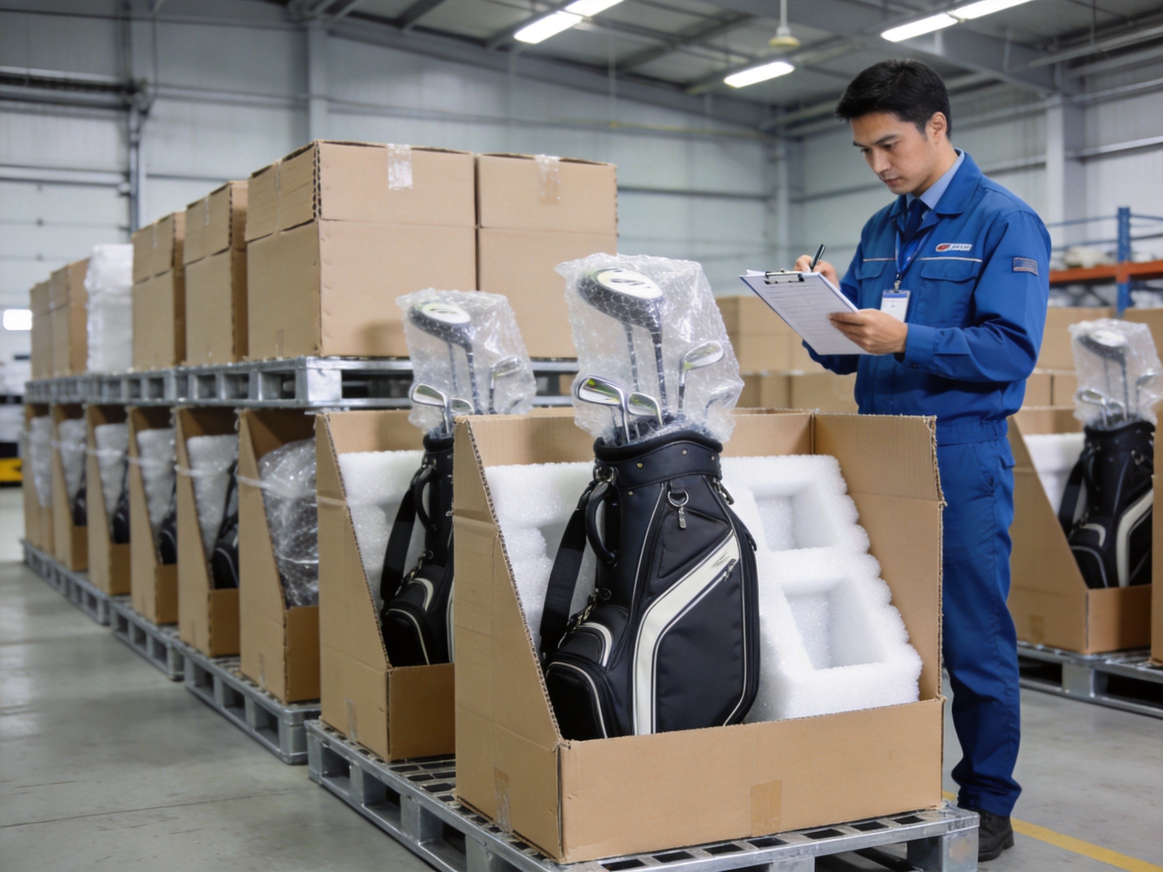 Professional Golf Bag Export Packaging at Keep Perfect Golf Golf bags professionally packed in double-wall corrugated export cartons with protective foam padding
