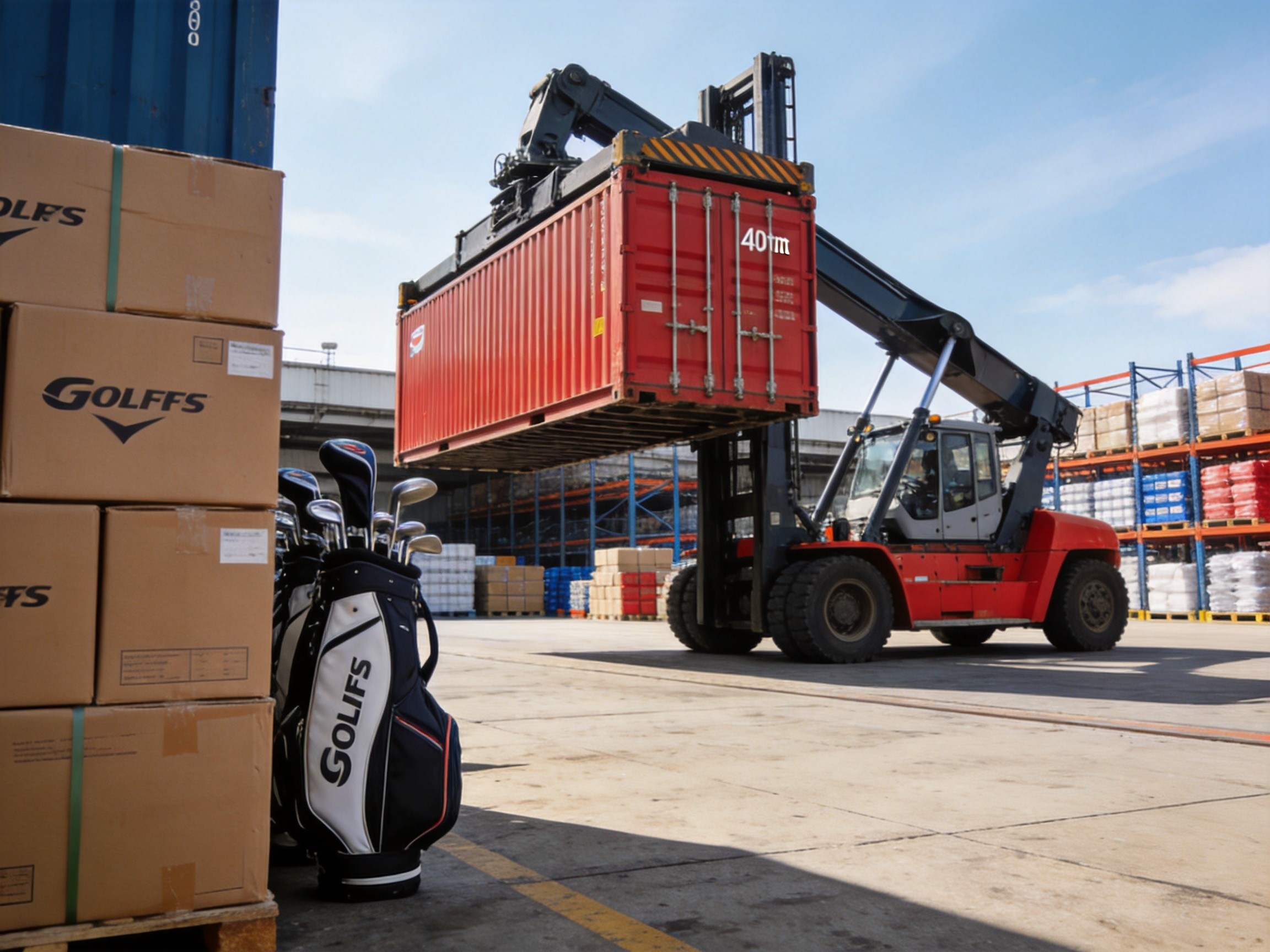 Golf Bag Container Loading at FOB Xiamen Port Golf bag export containers being loaded at Xiamen port for international shipping