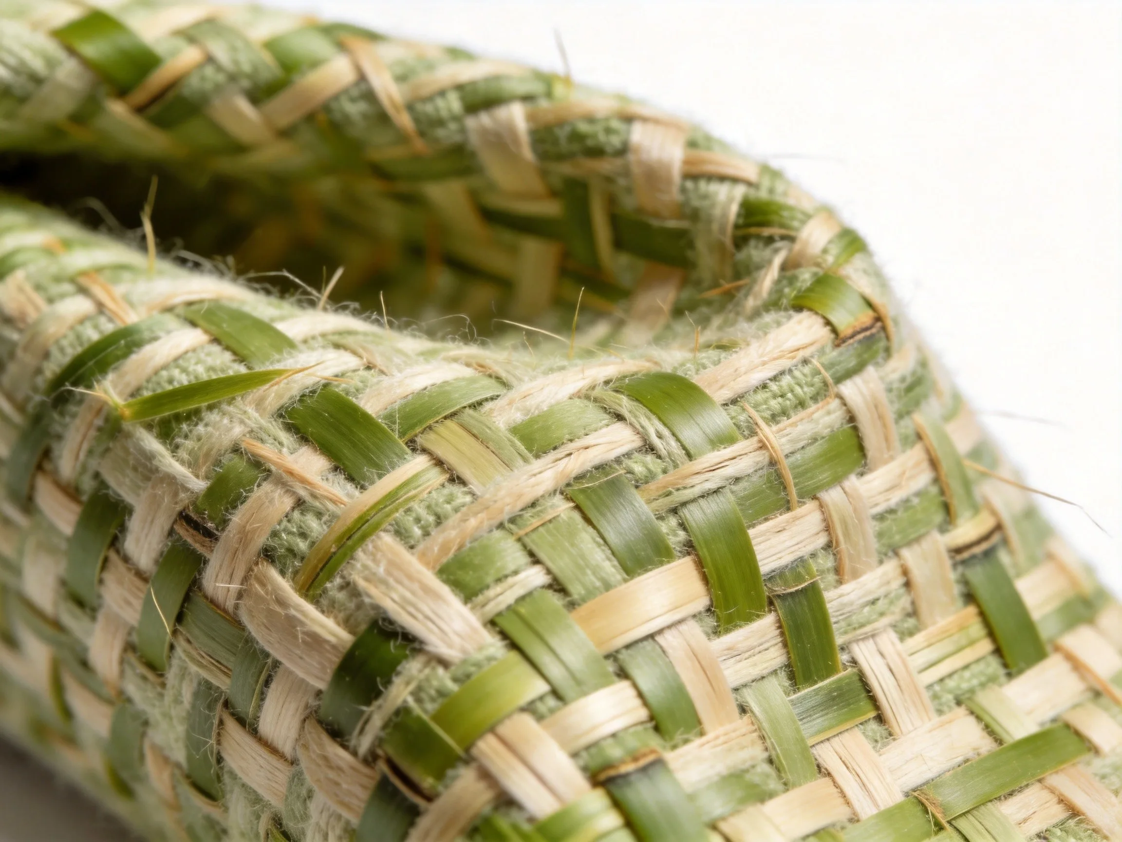 Close-up of bamboo fiber and hemp woven textile texture showing natural fiber interlacing pattern