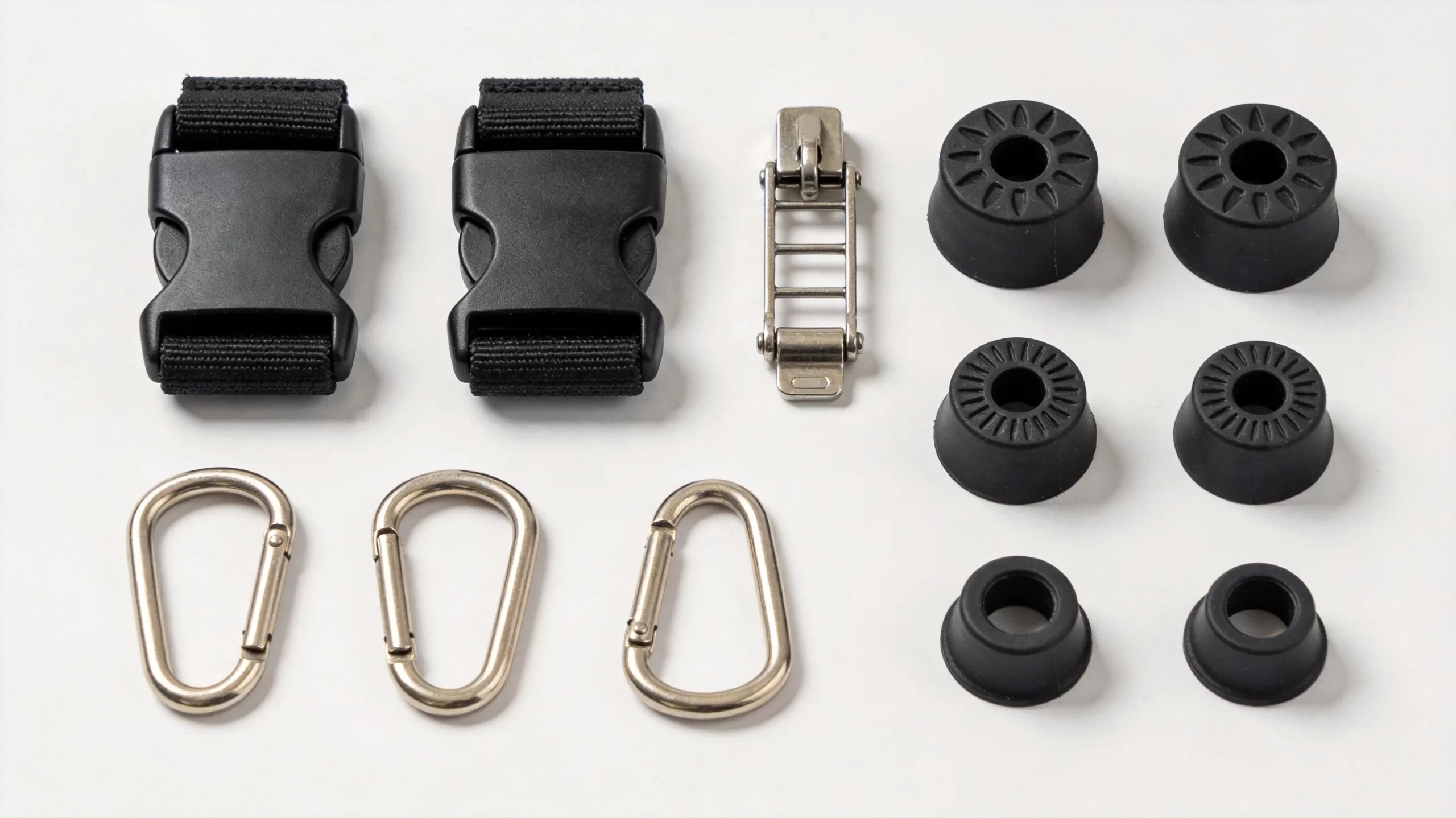 Golf bag buckles, D-rings and rubber bag feet components