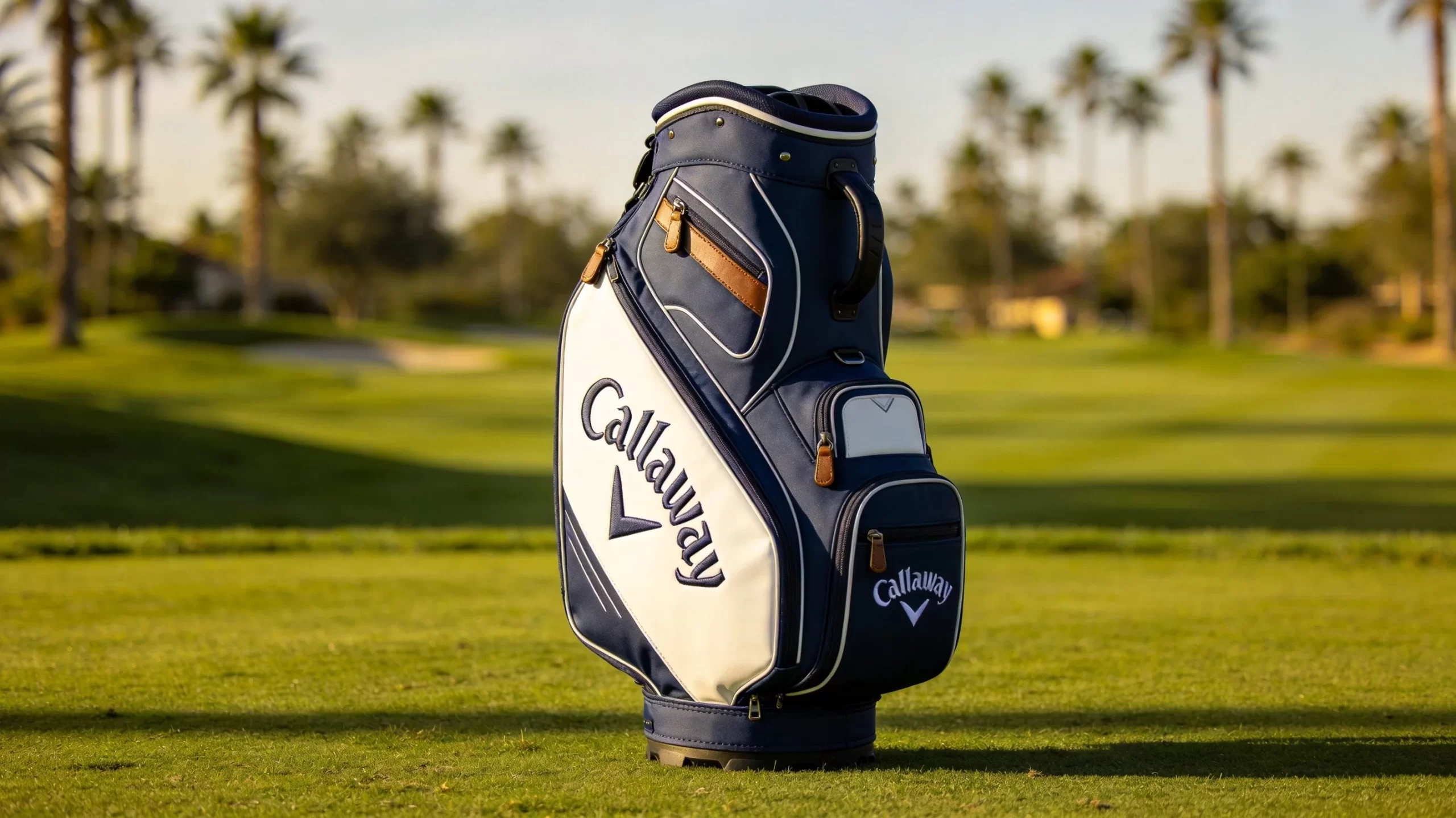 Callaway premium cart bag in navy and white with full-grain leather accents and 14-way divider system