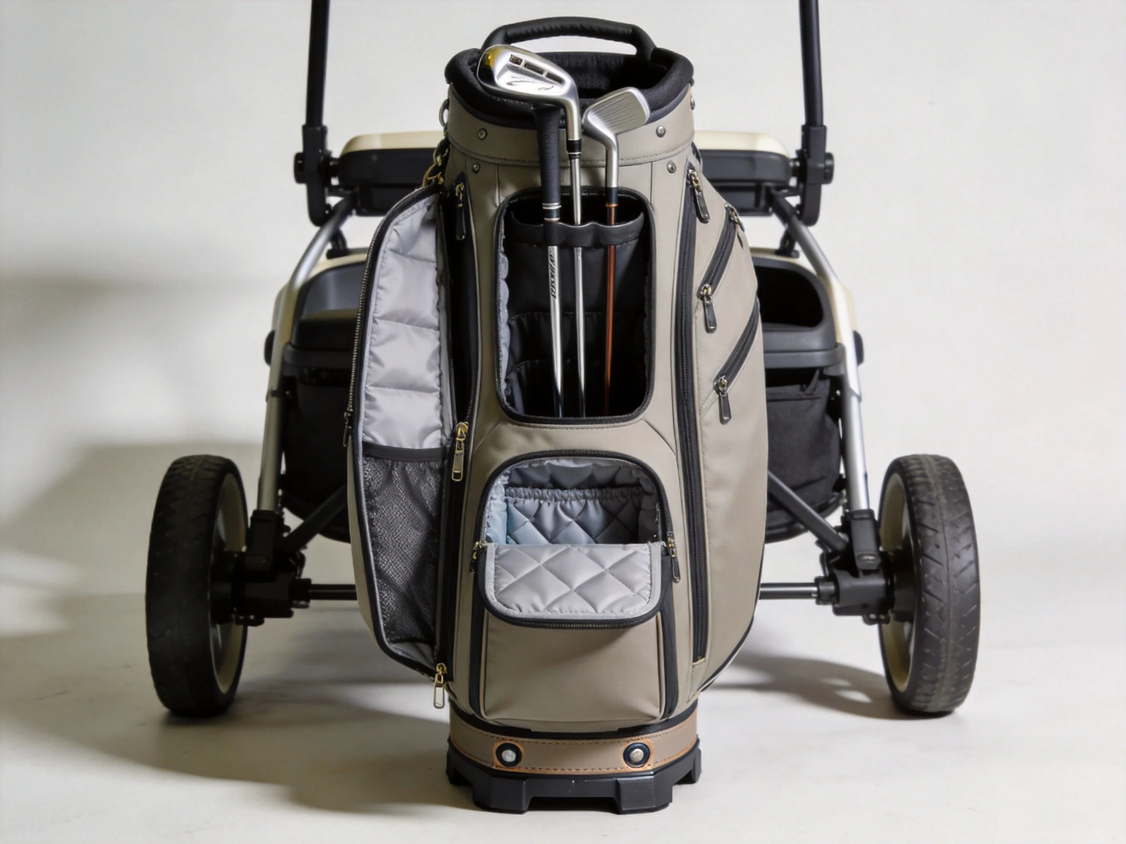 Premium golf cart bag on a push cart showing organized pockets, full-length dividers, and insulated cooler pocket