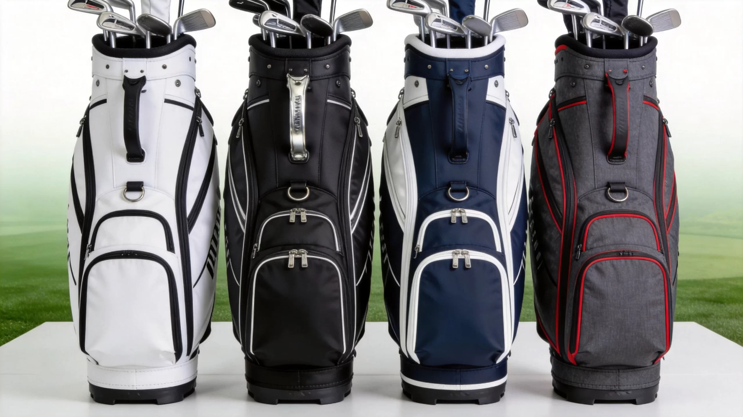 Four premium golf cart bags from Titleist TaylorMade Callaway and Ogio arranged for comparison