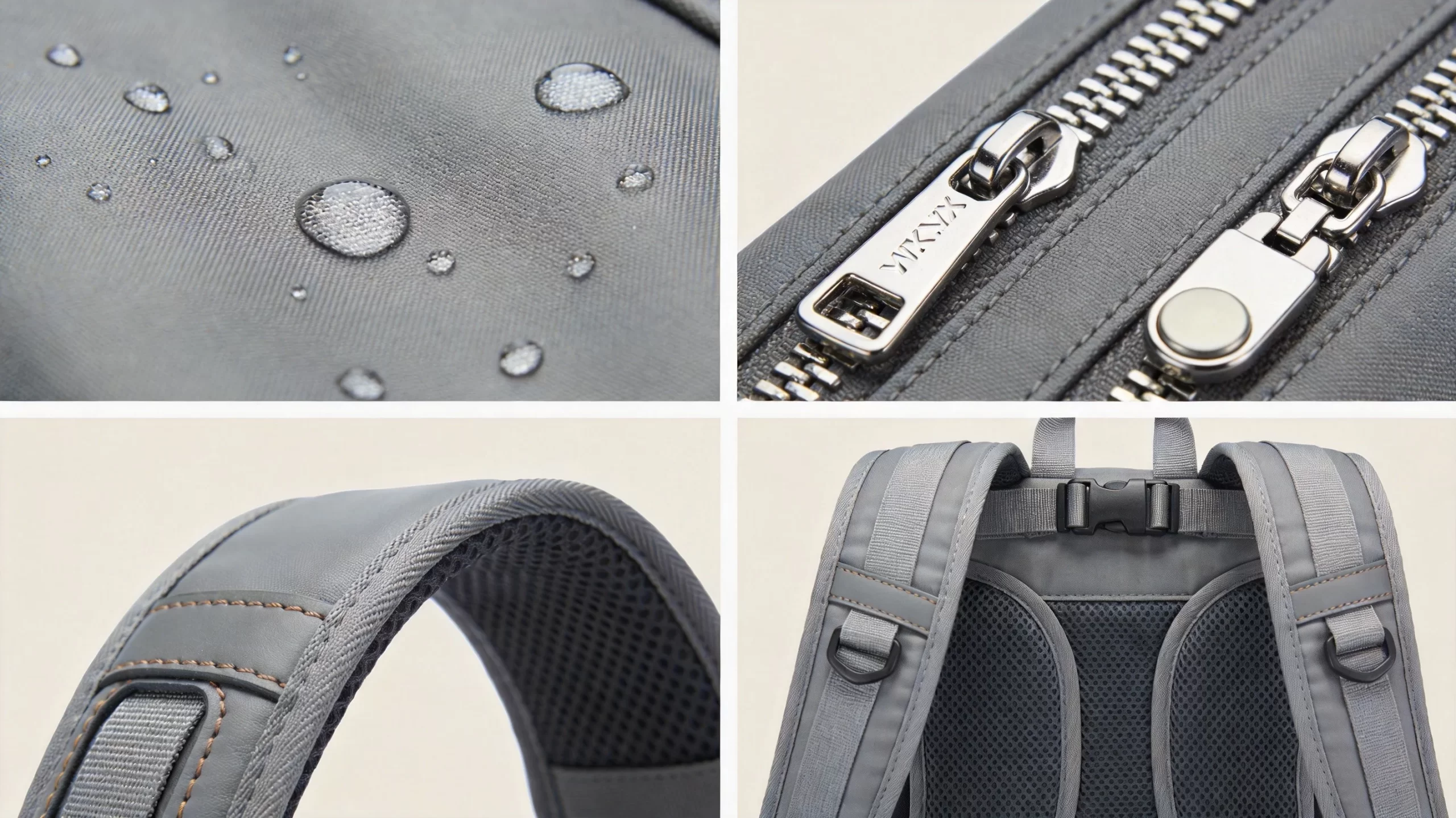 Close-up comparison of premium golf bag materials including waterproof nylon fabric precision zippers reinforced stitching and padded strap system