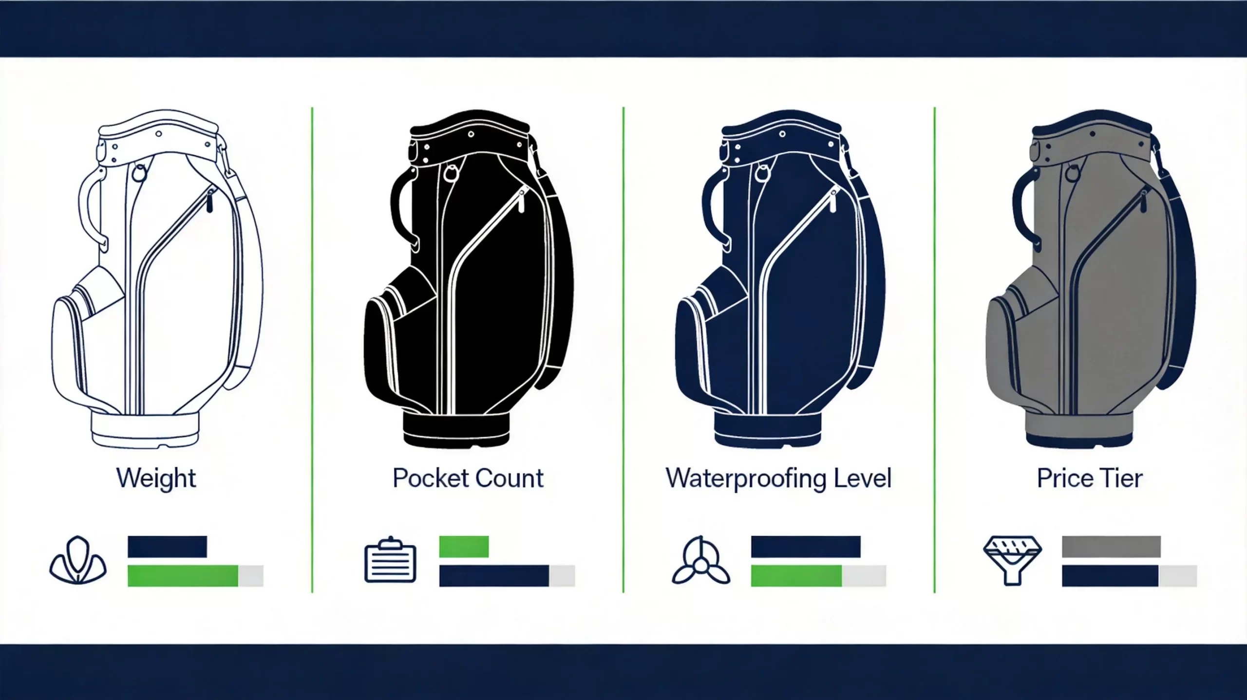 Visual comparison of specifications across four premium golf cart bag brands in 2026