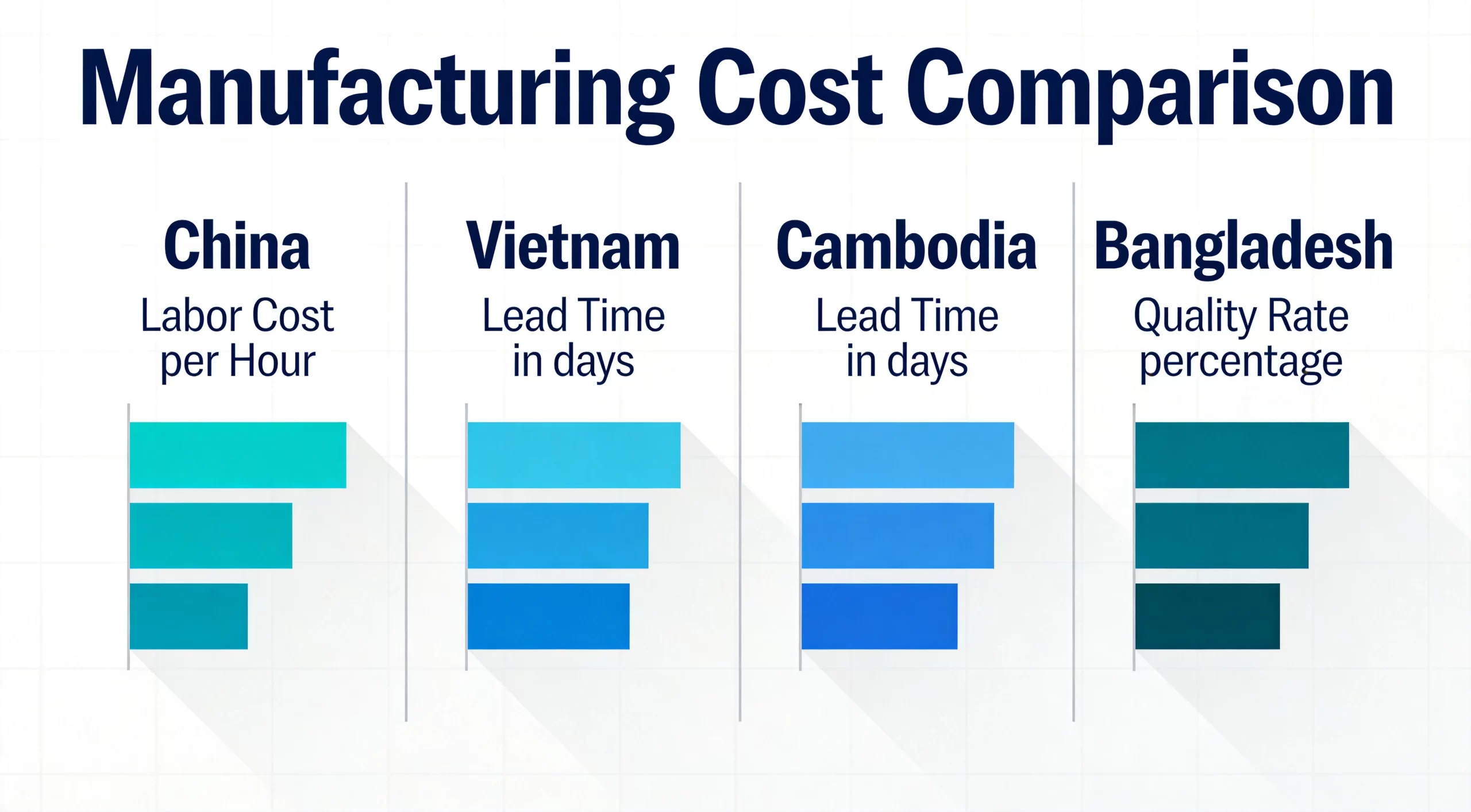 Manufacturing cost comparison bar chart across China, Vietnam, Cambodia, and Bangladesh showing labor cost, lead time, and quality rate