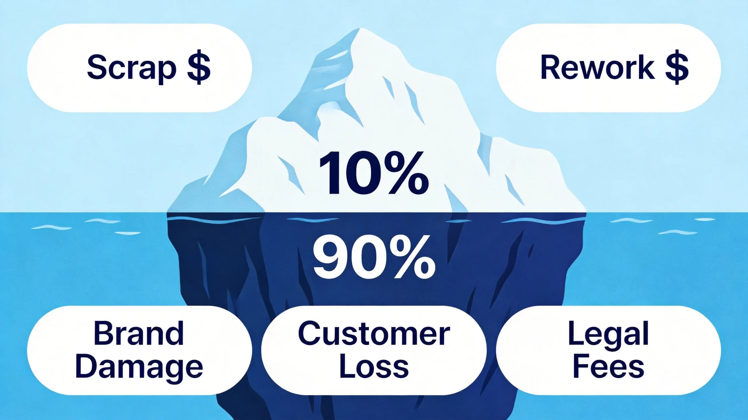 The iceberg model of golf bag quality costs showing visible costs above waterline and hidden costs below