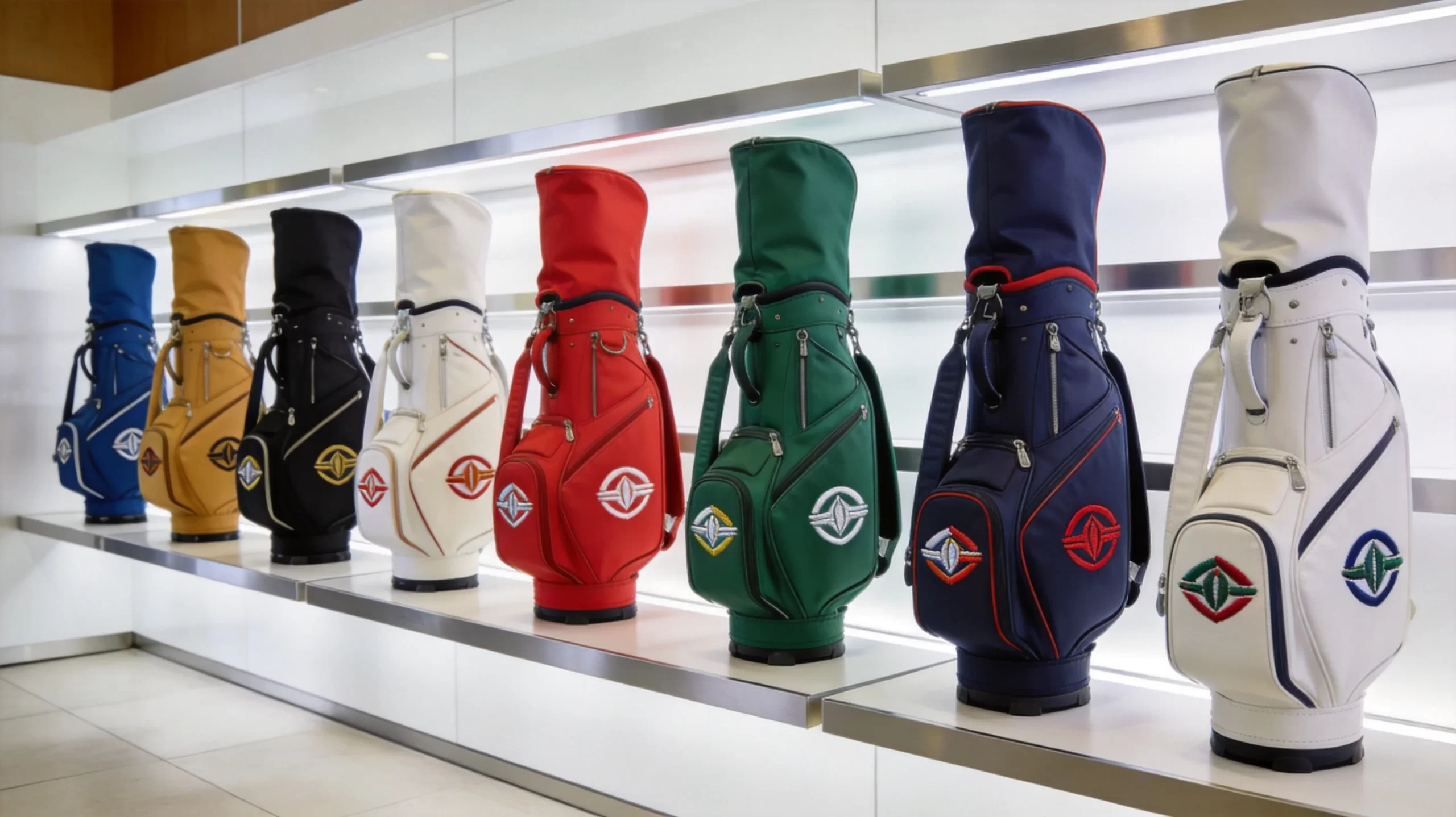 Custom branded golf bags in various colors with logo embroidery displayed on modern showroom shelf