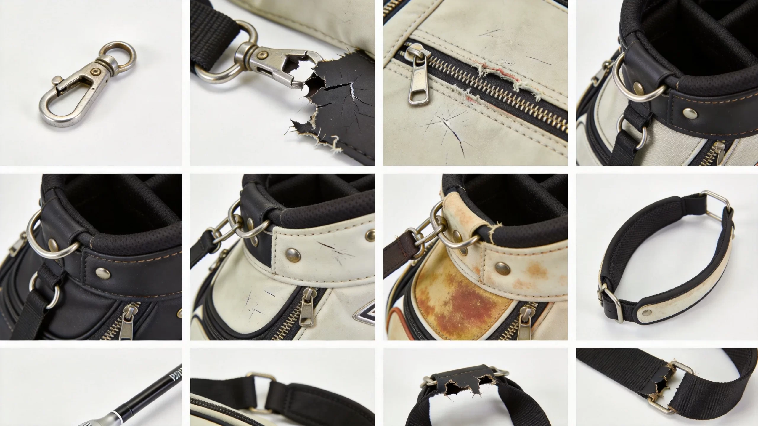 Common golf bag defect types including zipper failure, stitching problems, hardware corrosion, fabric discoloration, and strap detachment