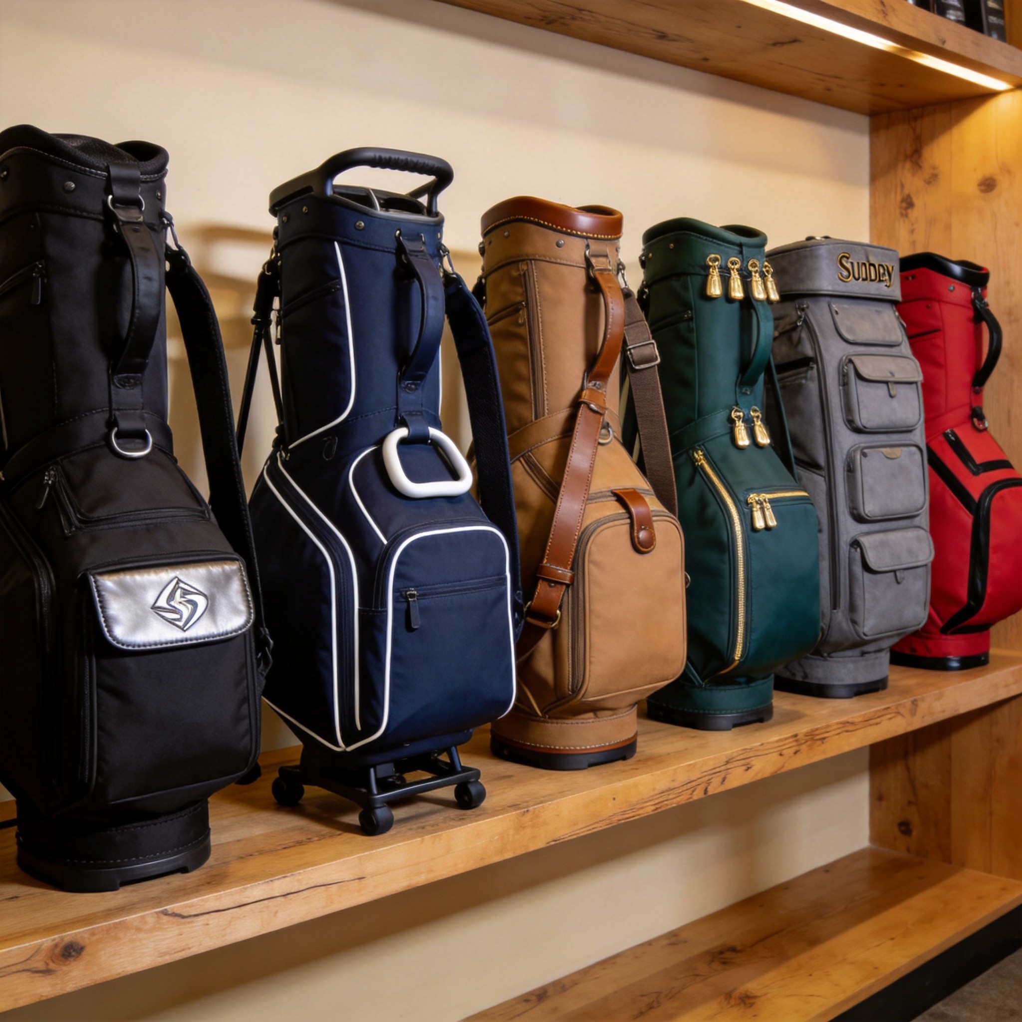 Emerging golf brand startup collection showing 6 different custom golf bags in a curated brand lineup including stand bags cart bags and sunday bags