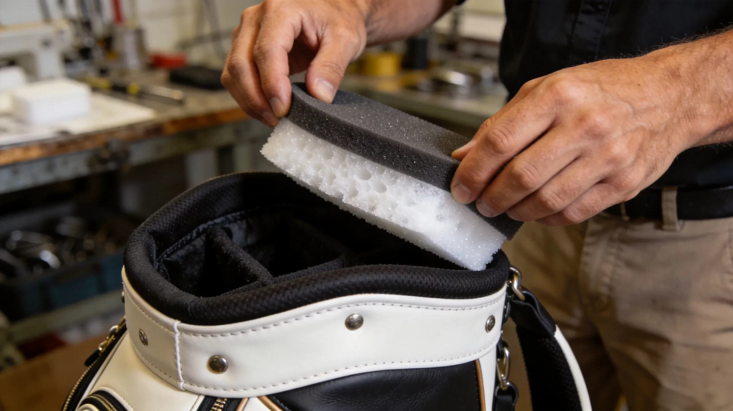 EVA foam padding layer being installed inside a premium golf bag showing material cross-section and craftsmanship