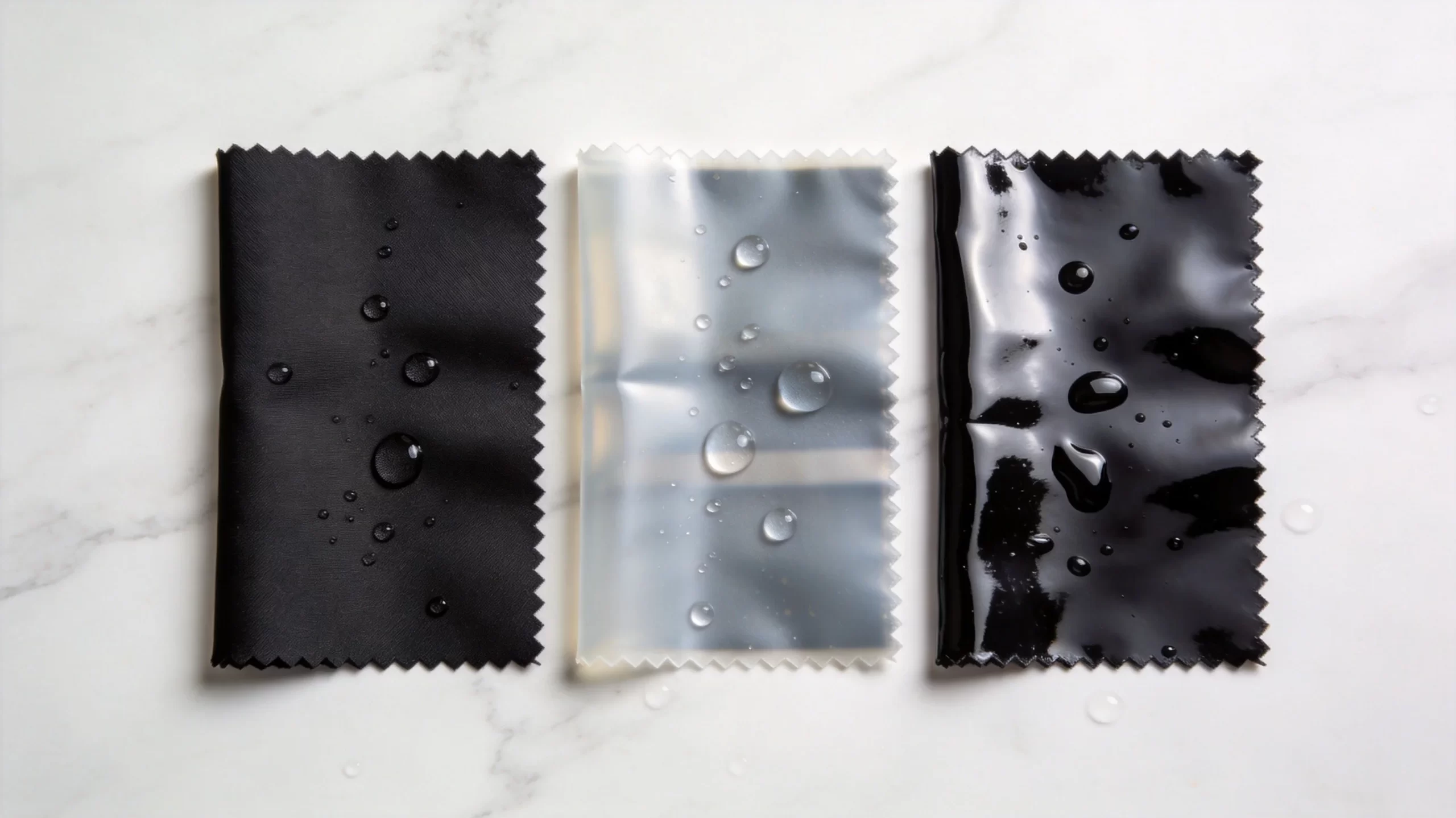 Three different waterproof golf bag fabric samples showing coated nylon TPU membrane and PVC coating textures