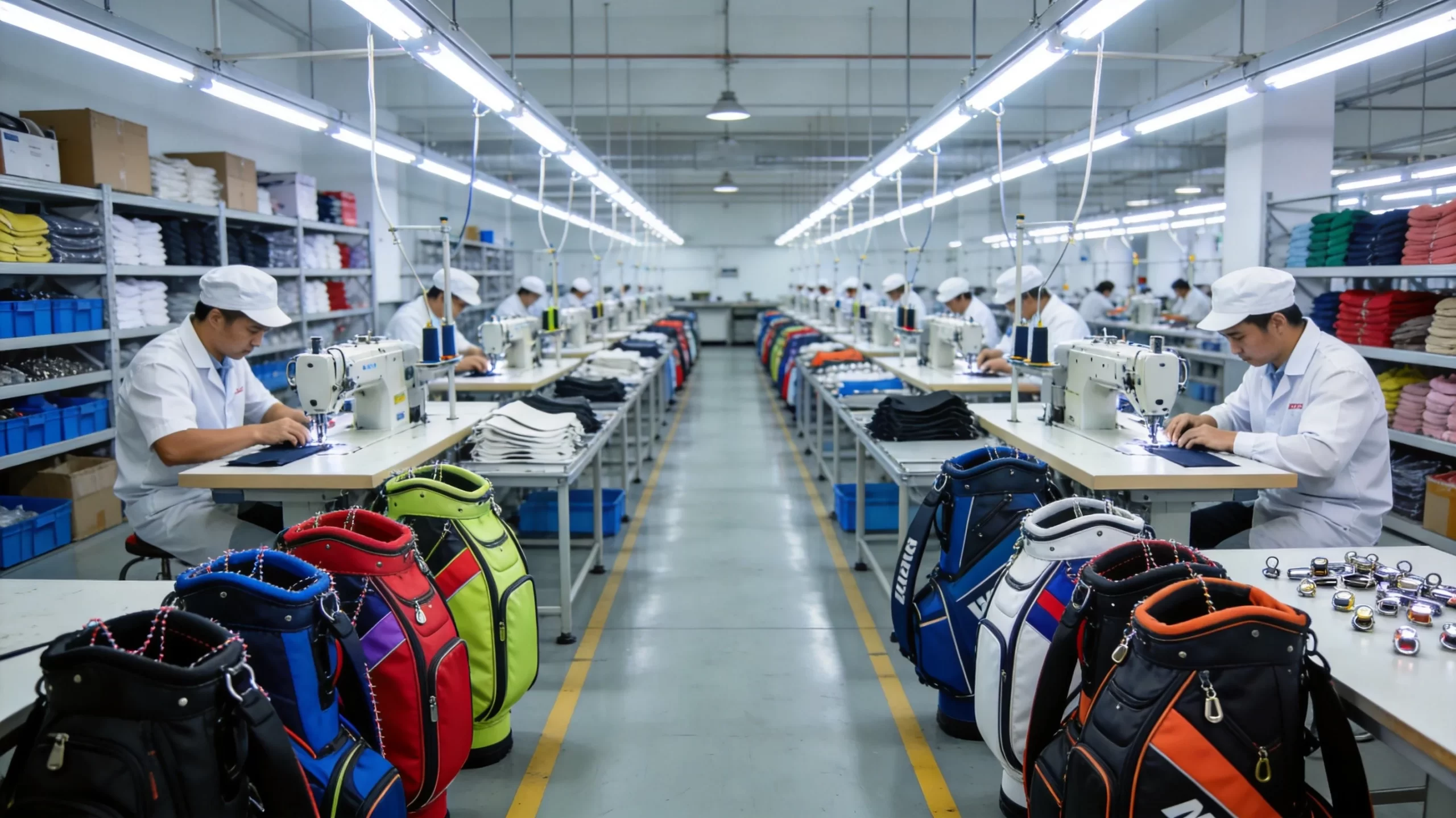 Modern golf bag factory production line during remote audit