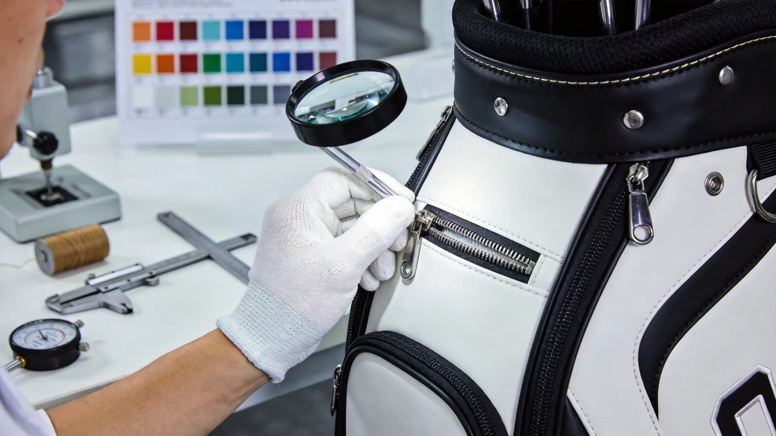 Quality control inspection of golf bag stitching and hardware