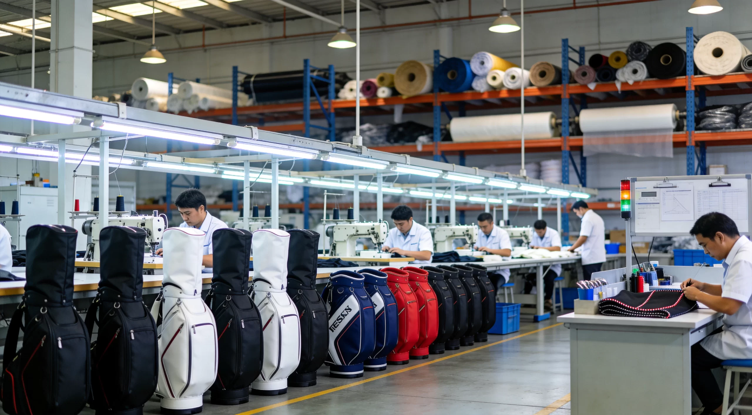Modern golf bag manufacturing factory floor with production lines showing quality control and craftsmanship