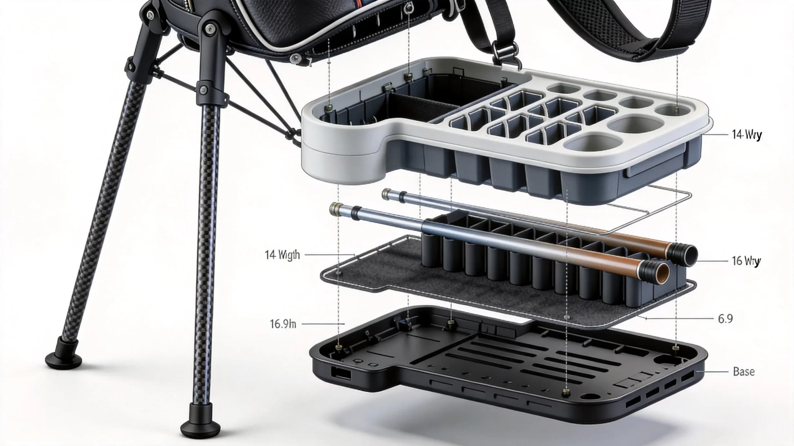 Golf bag internal frame structure and divider system engineering exploded view diagram