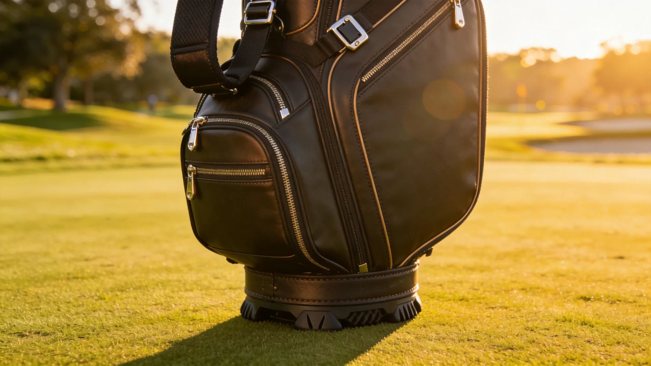 Premium golf bag with quality hardware on golf course