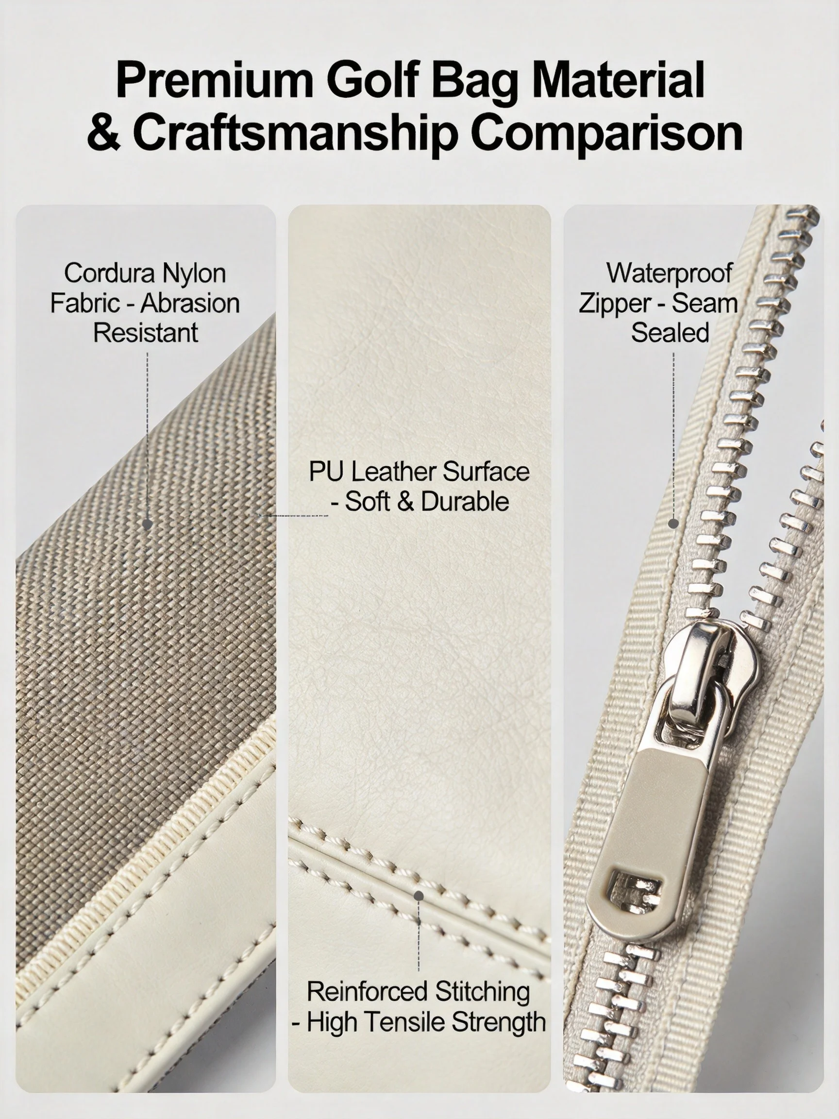 Close-up of premium golf bag materials: synthetic leather, waterproof zippers and structured base on a Vessel-style bag