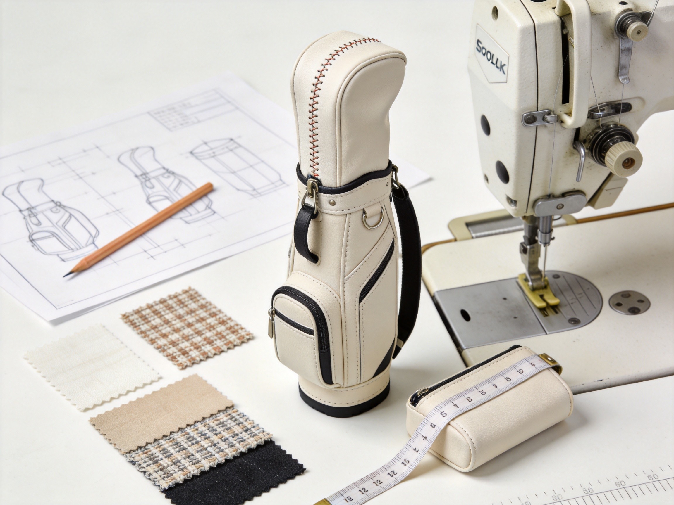 Golf bag sample development process showing pattern drafting, material swatches, prototype sewing, and finished sample inspection in OEM factory