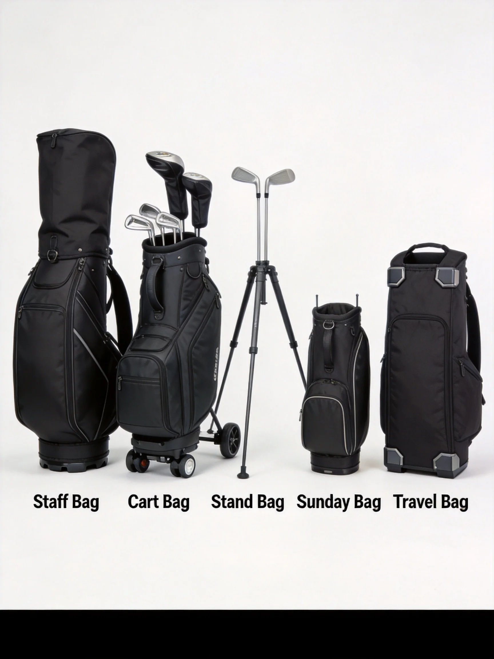 Types of golf bags overview showing staff bags, cart bags, stand bags, Sunday bags, and travel bags