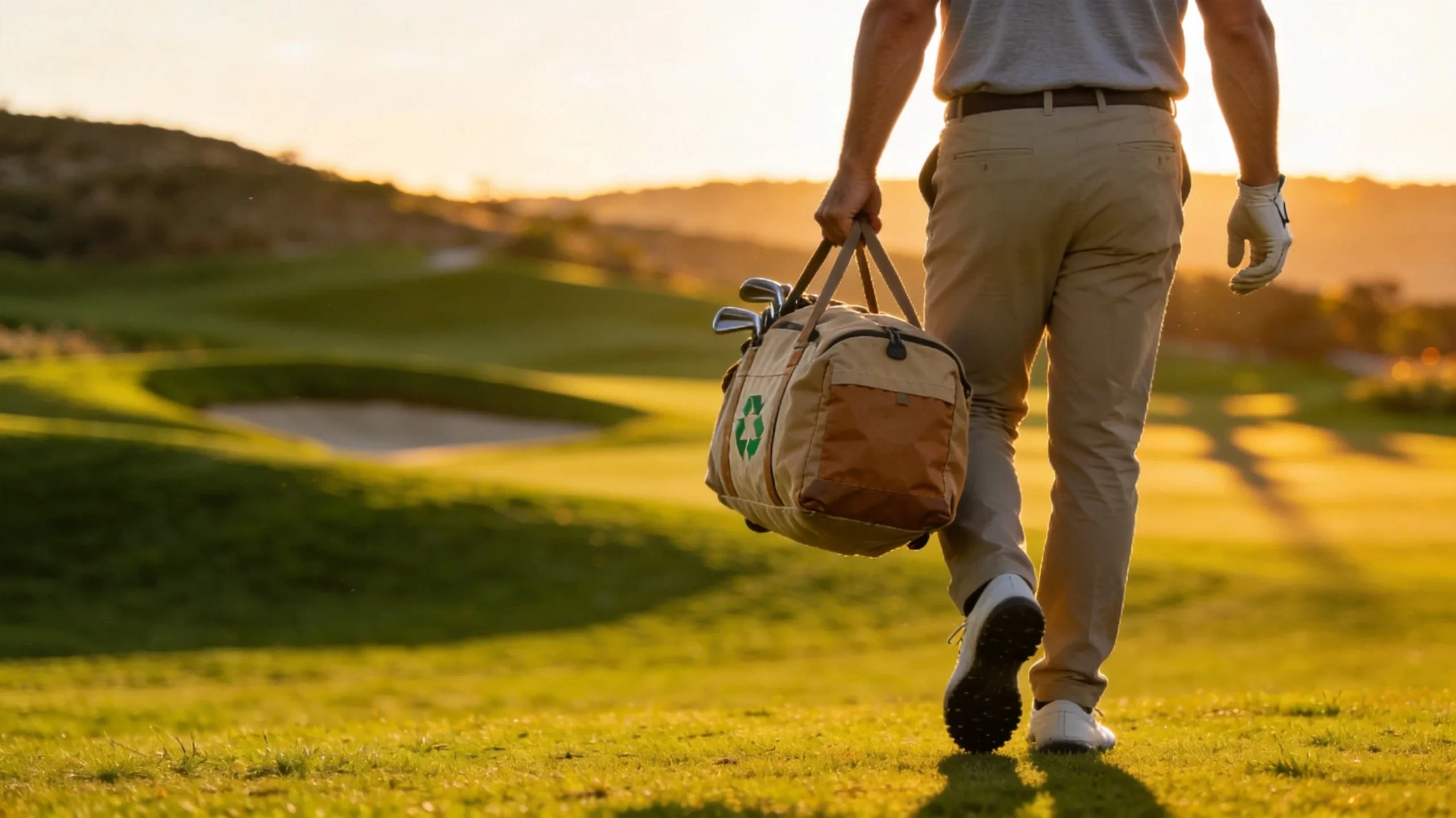 Golfer carrying eco-friendly golf bag on sustainable golf course
