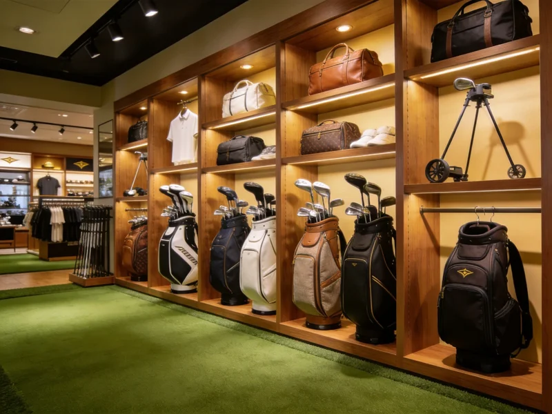 Golf bag retail display in pro shop - merchandising different bag types for retail and distribution