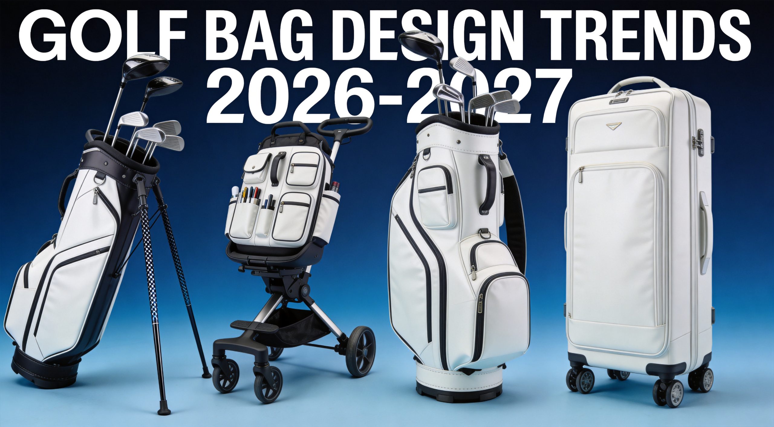 Golf bag design trends 2026-2027 showing ultra-lightweight stand bags, smart technology integration, and sustainable materials