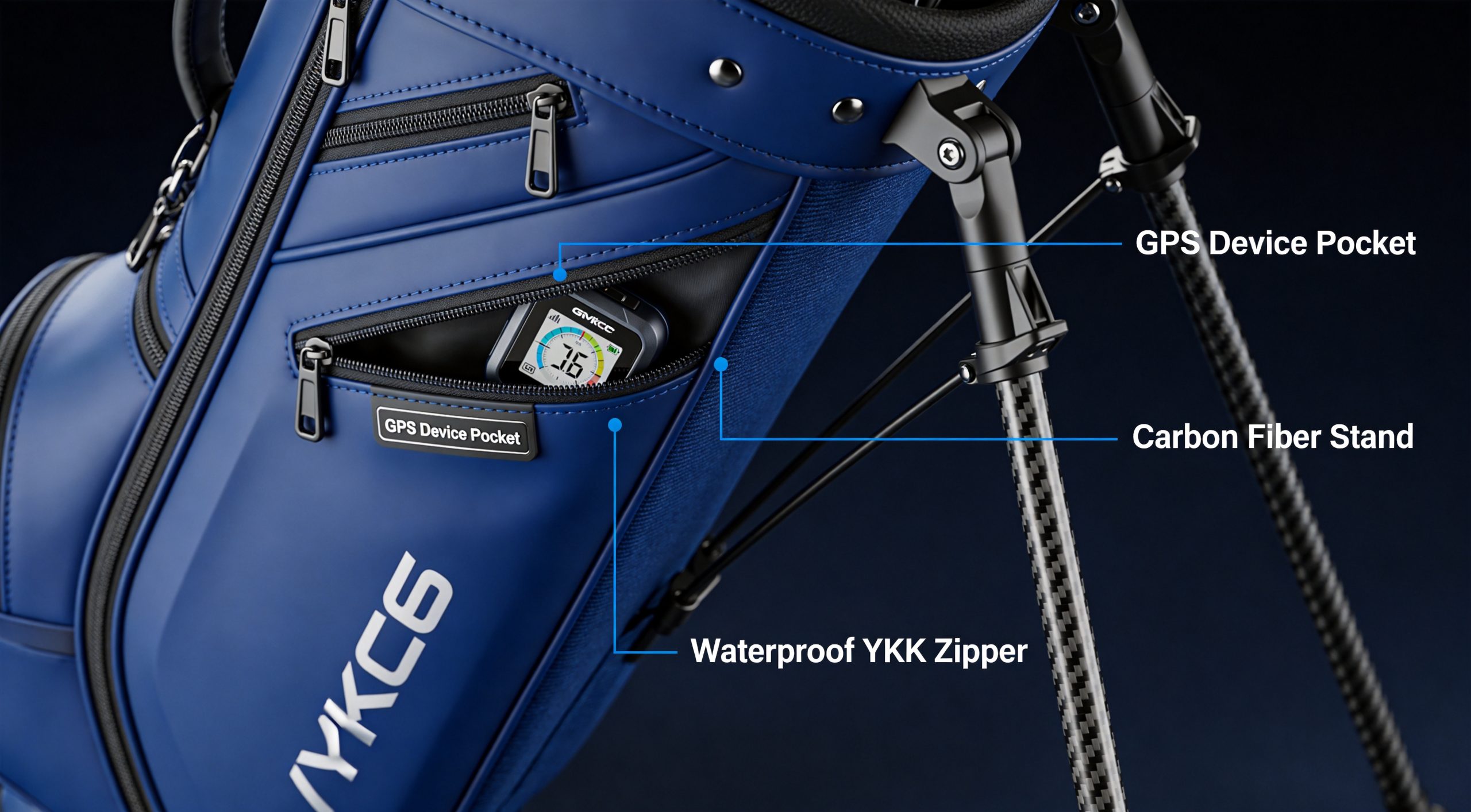 Close-up of innovative golf bag materials including recycled ocean plastic fabric, carbon fiber components, integrated USB charging, and RFID-shielded pockets