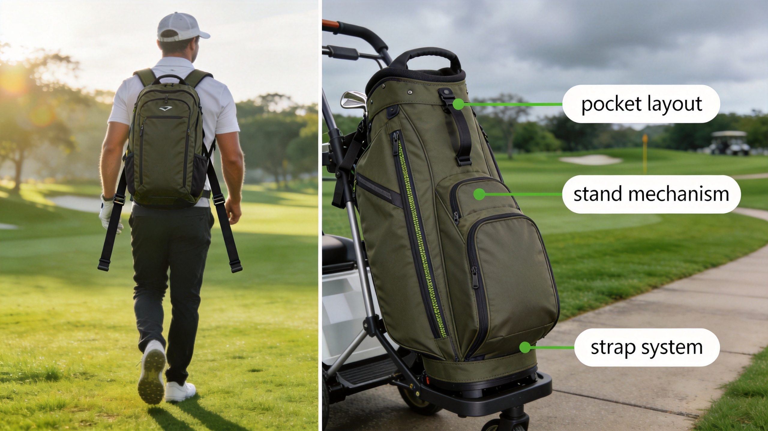 Golf stand bag design and function comparison - walking with backpack straps vs cart-mounted with pocket layout and stand mechanism callouts