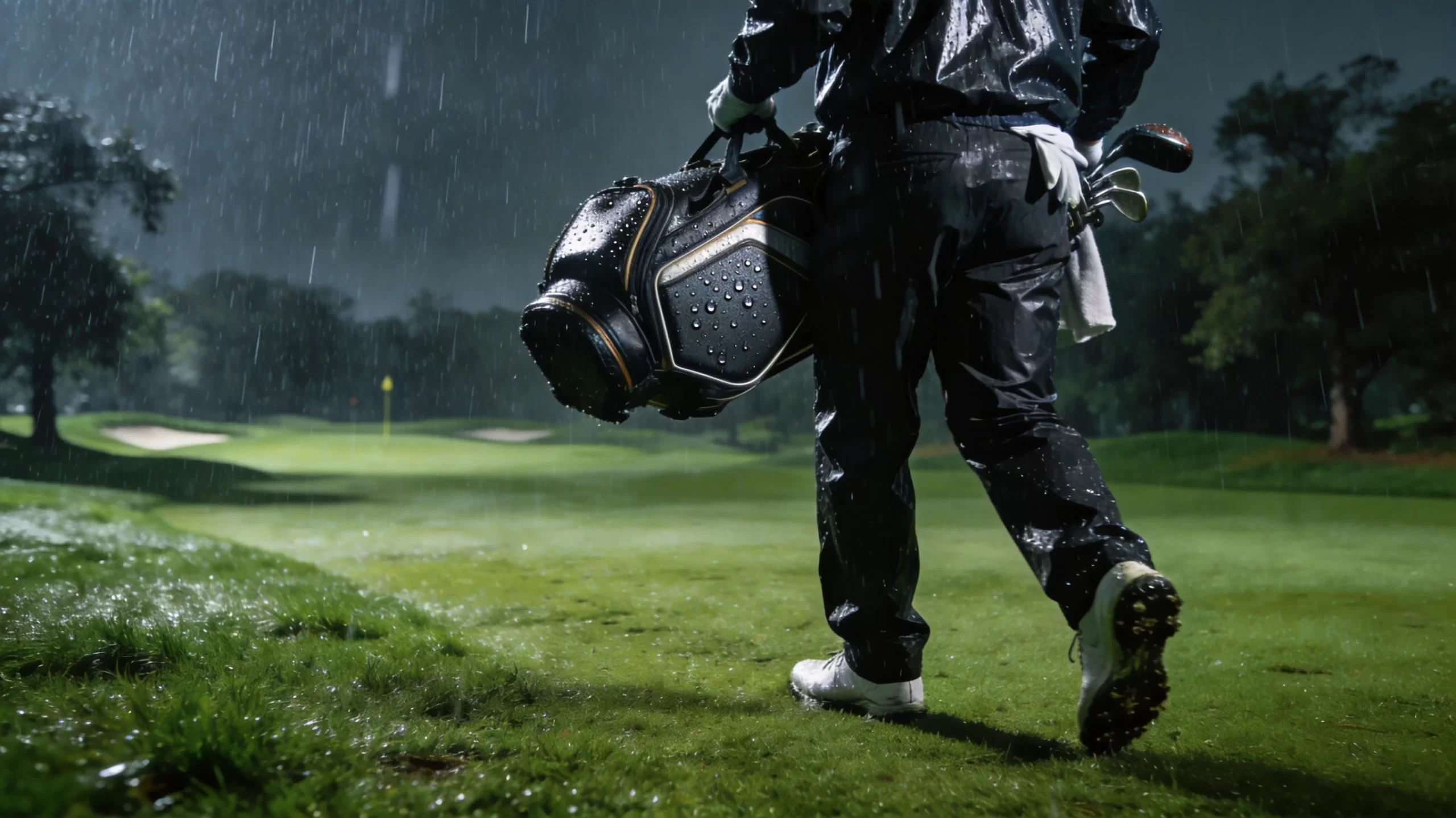 Golfer playing in heavy rain with waterproof golf bag on lush green golf course