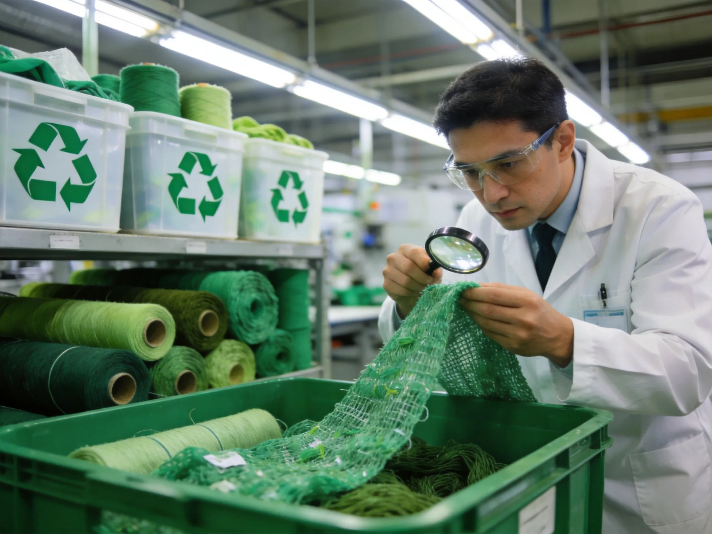 Quality control inspector examining recycled polyester fabric with magnifying glass in a modern textile factory with green recycling bins