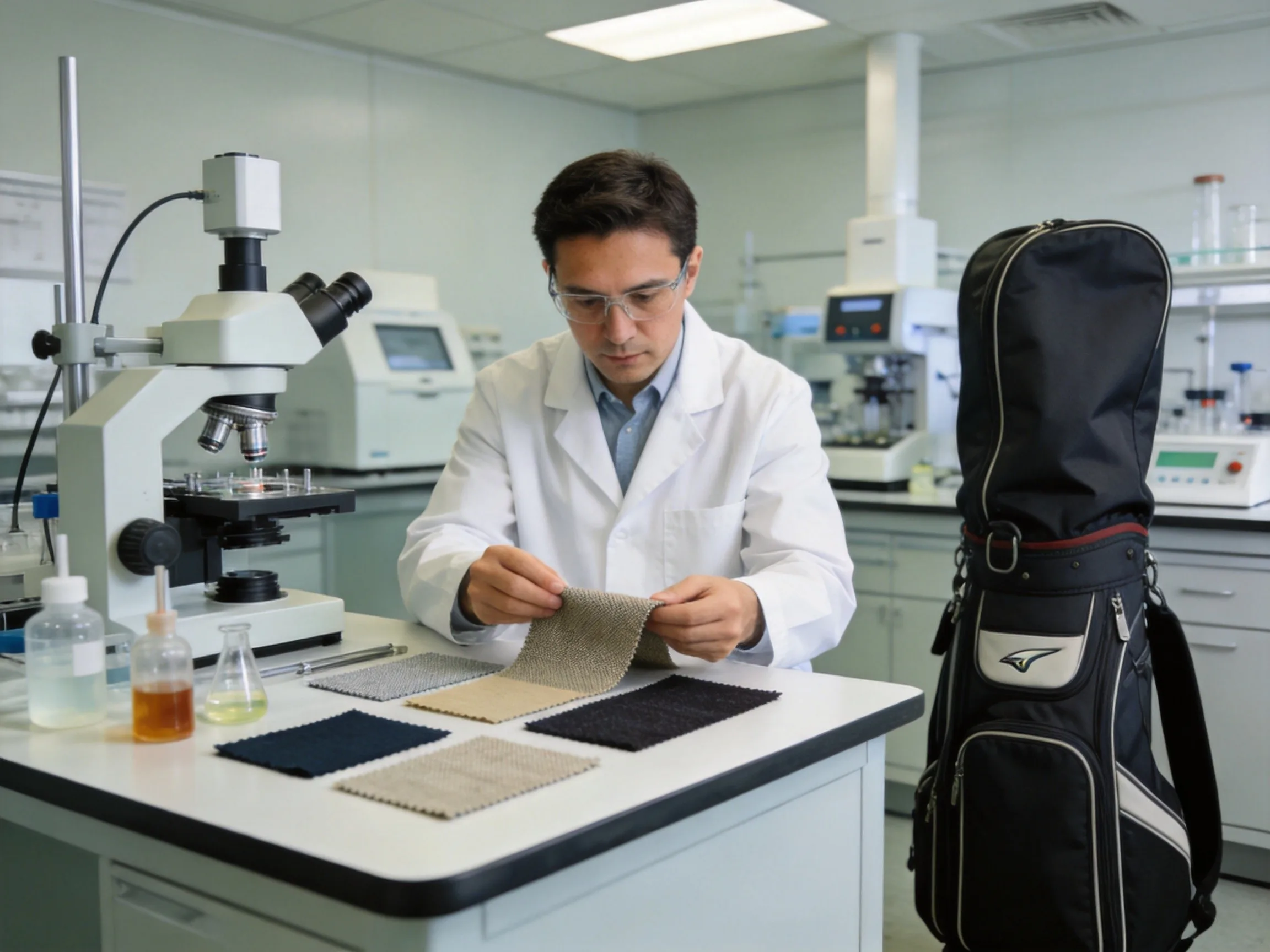 Laboratory technician examining golf bag fabric samples under controlled testing conditions with scientific equipment