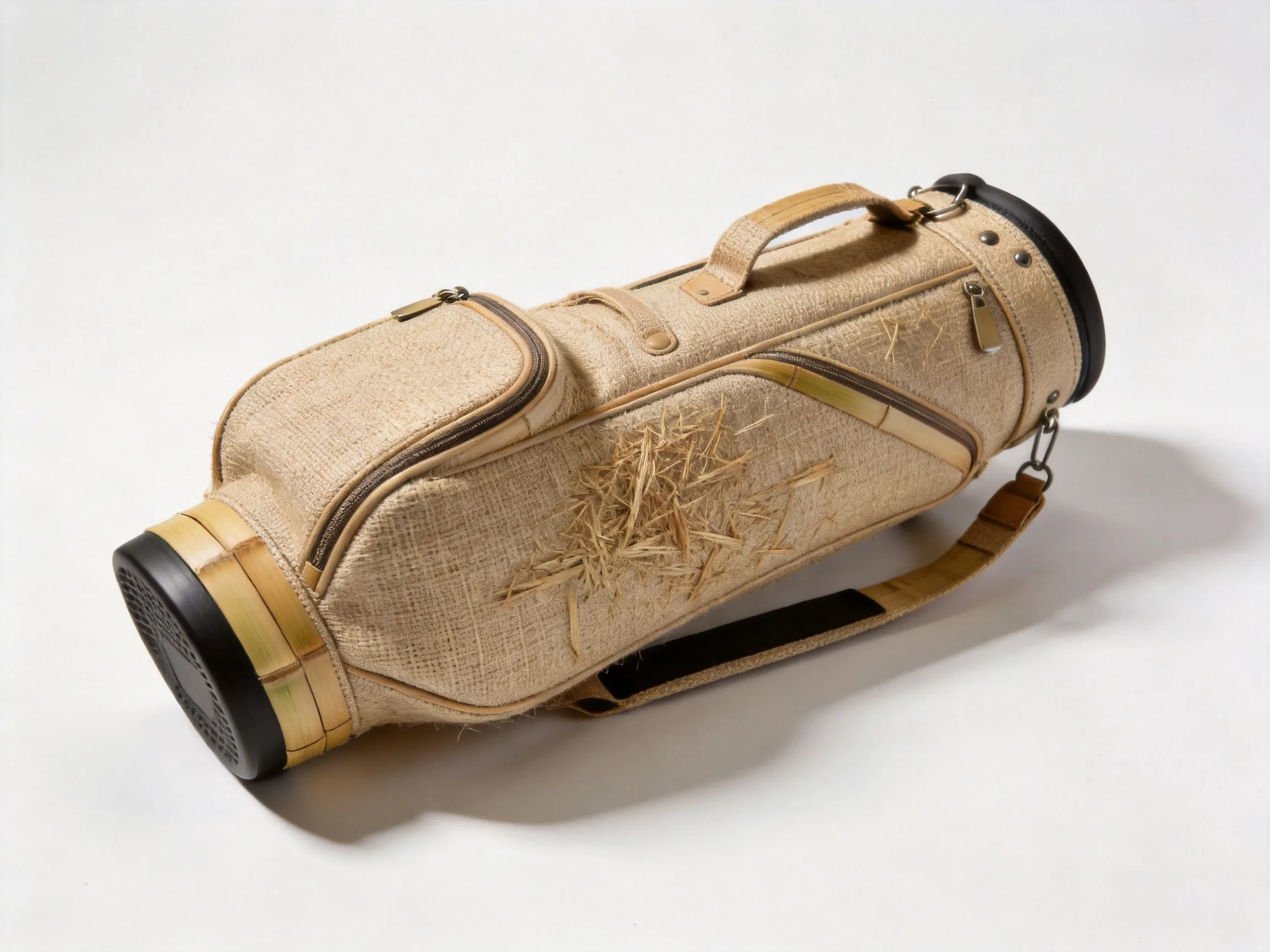 Eco-friendly golf bag constructed from sustainable hemp and bamboo fiber materials with natural earth tones