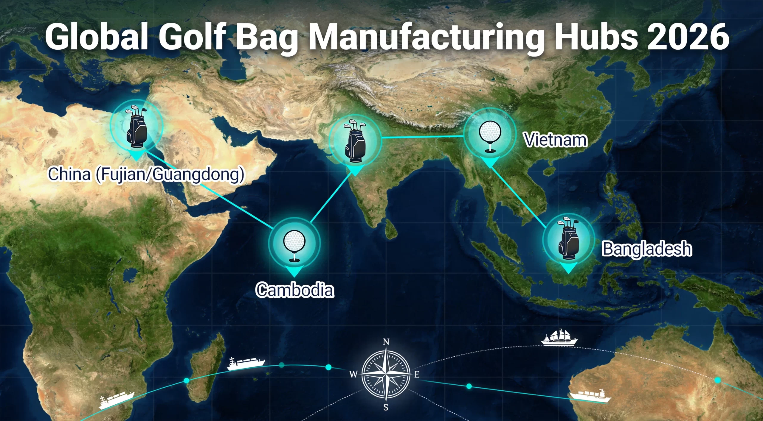 Global golf bag manufacturing hubs showing China, Vietnam, Cambodia, and Bangladesh production regions with trade flow connections