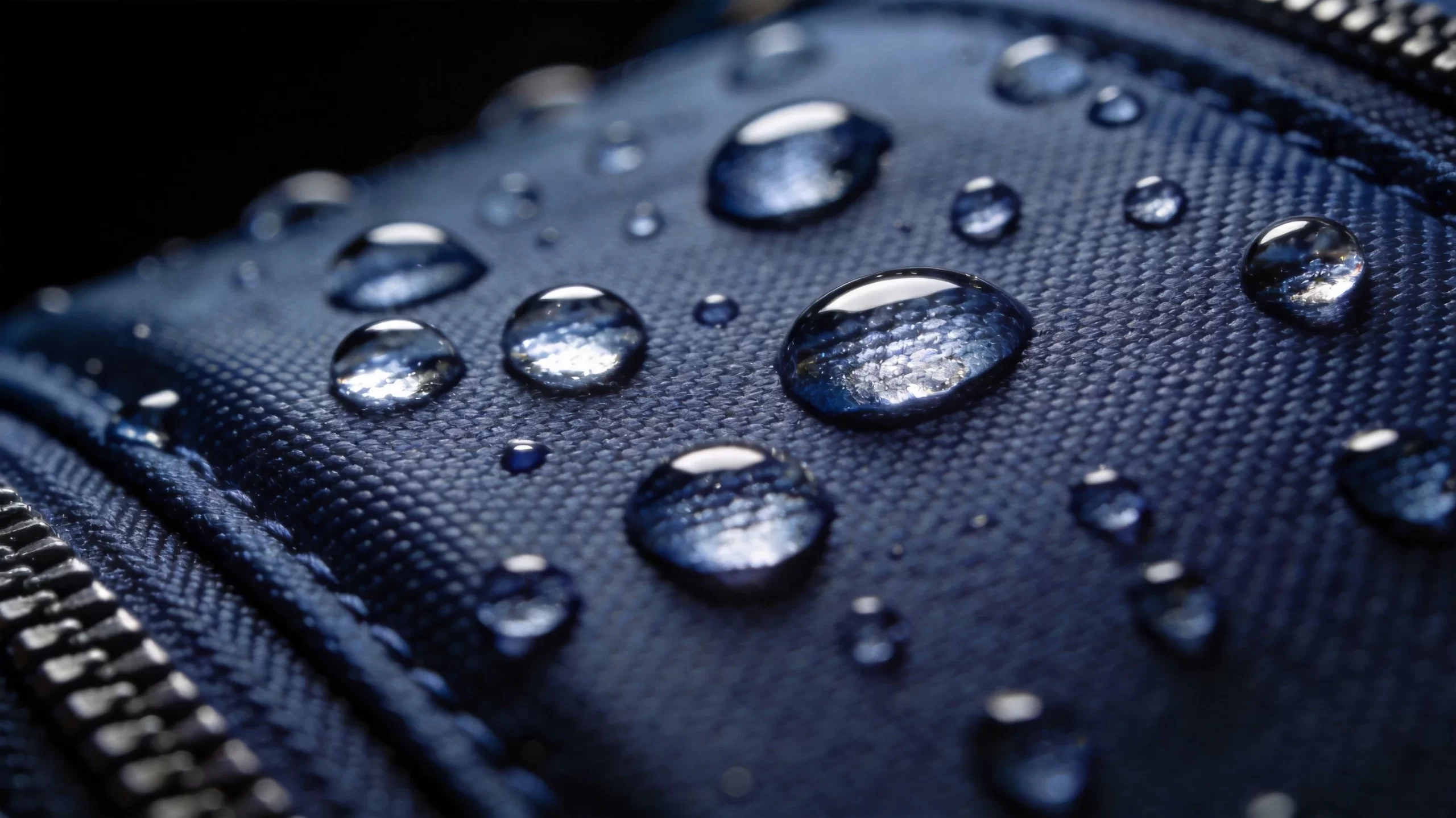 Water droplets beading on waterproof golf bag fabric surface showing hydrophobic coating technology