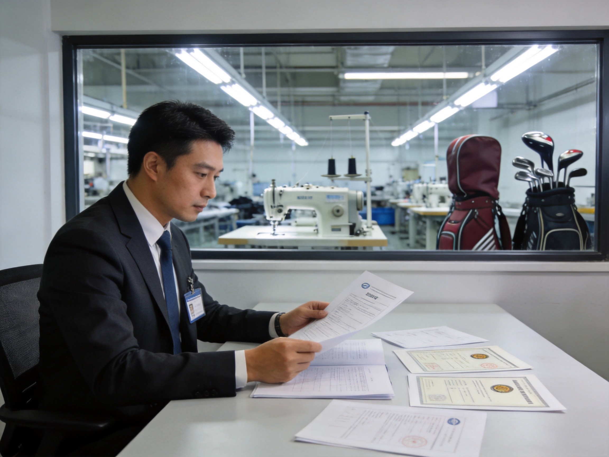 Business inspector verifying golf bag factory documents and certifications in China
