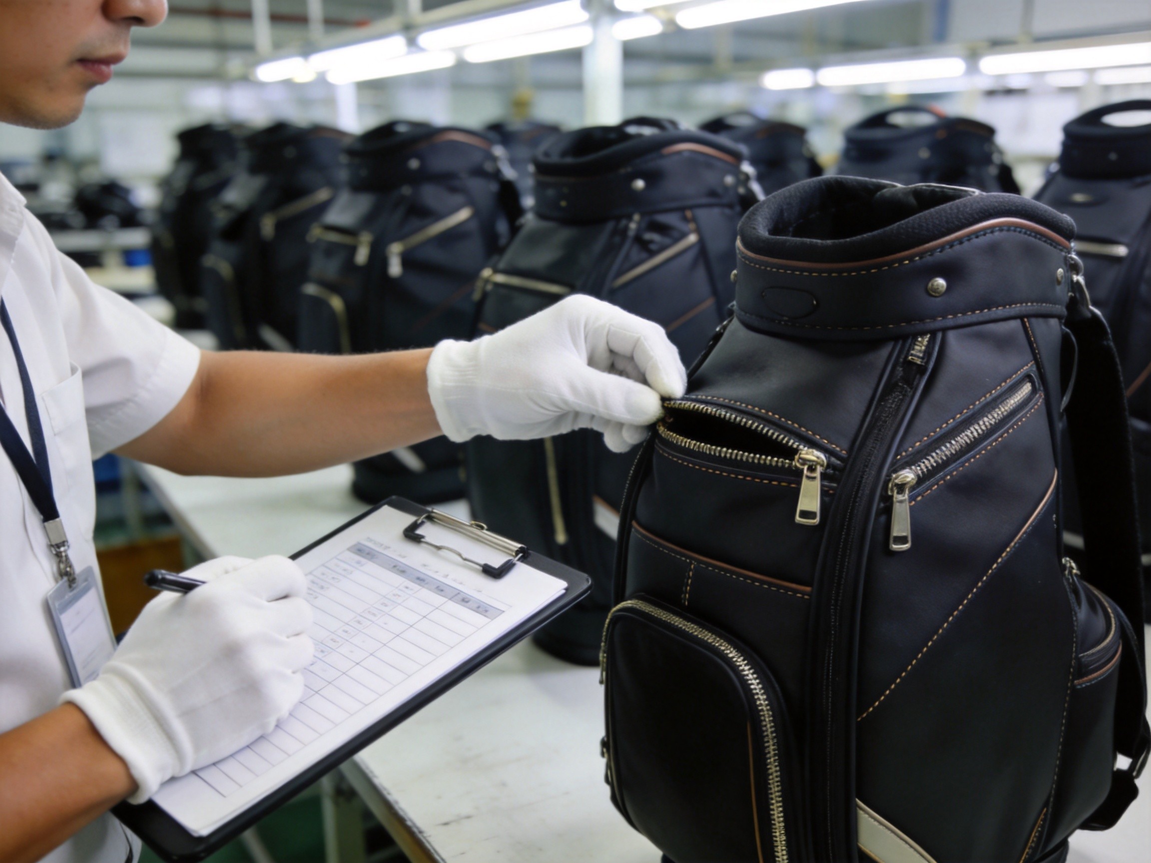 Quality control inspector examining golf bag stitching and zipper quality at inspection station