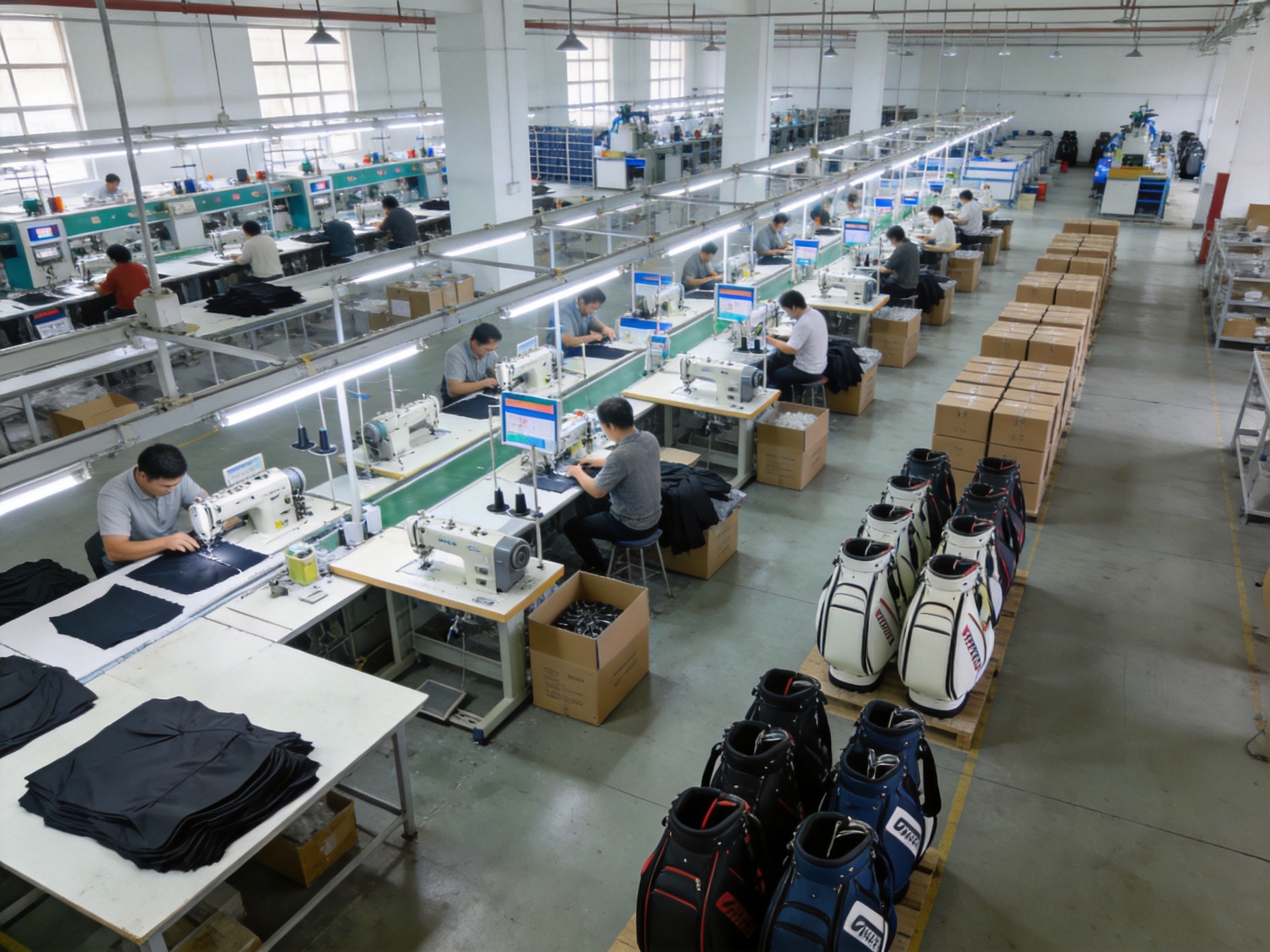 Aerial view of a modern golf bag factory floor with multiple production lines and sewing machines
