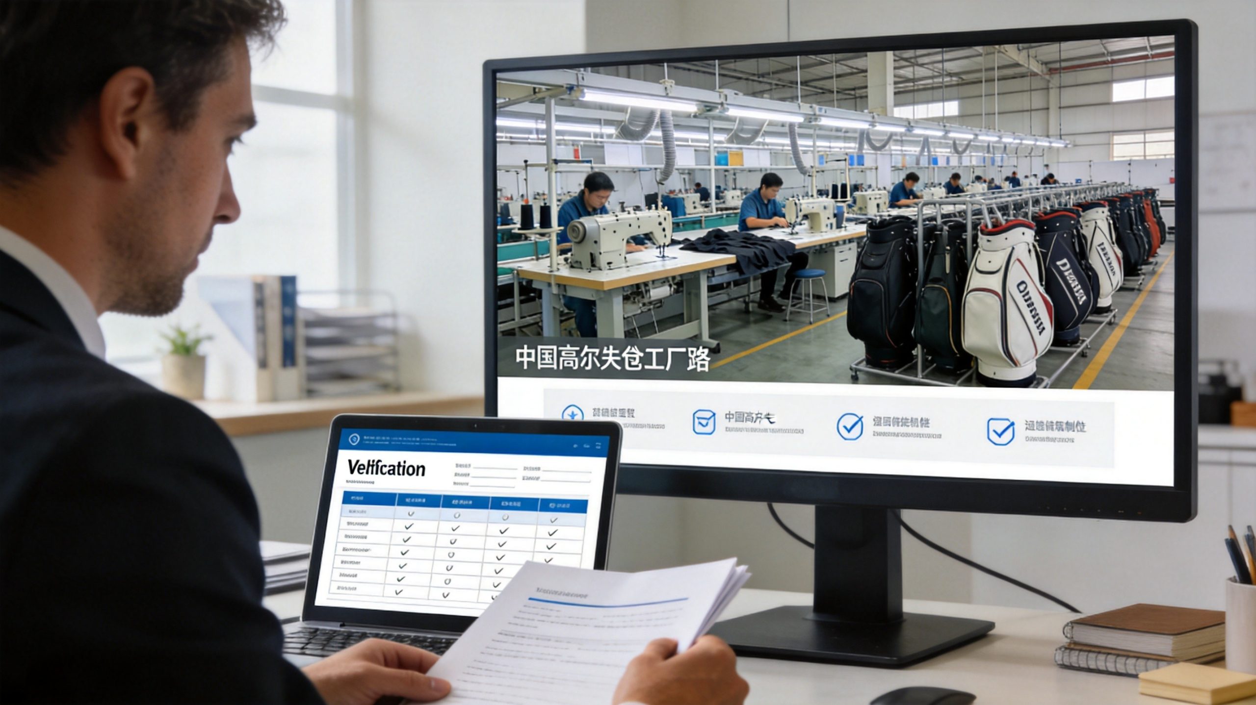 Business professional conducting a live video factory tour verification call on monitor screen