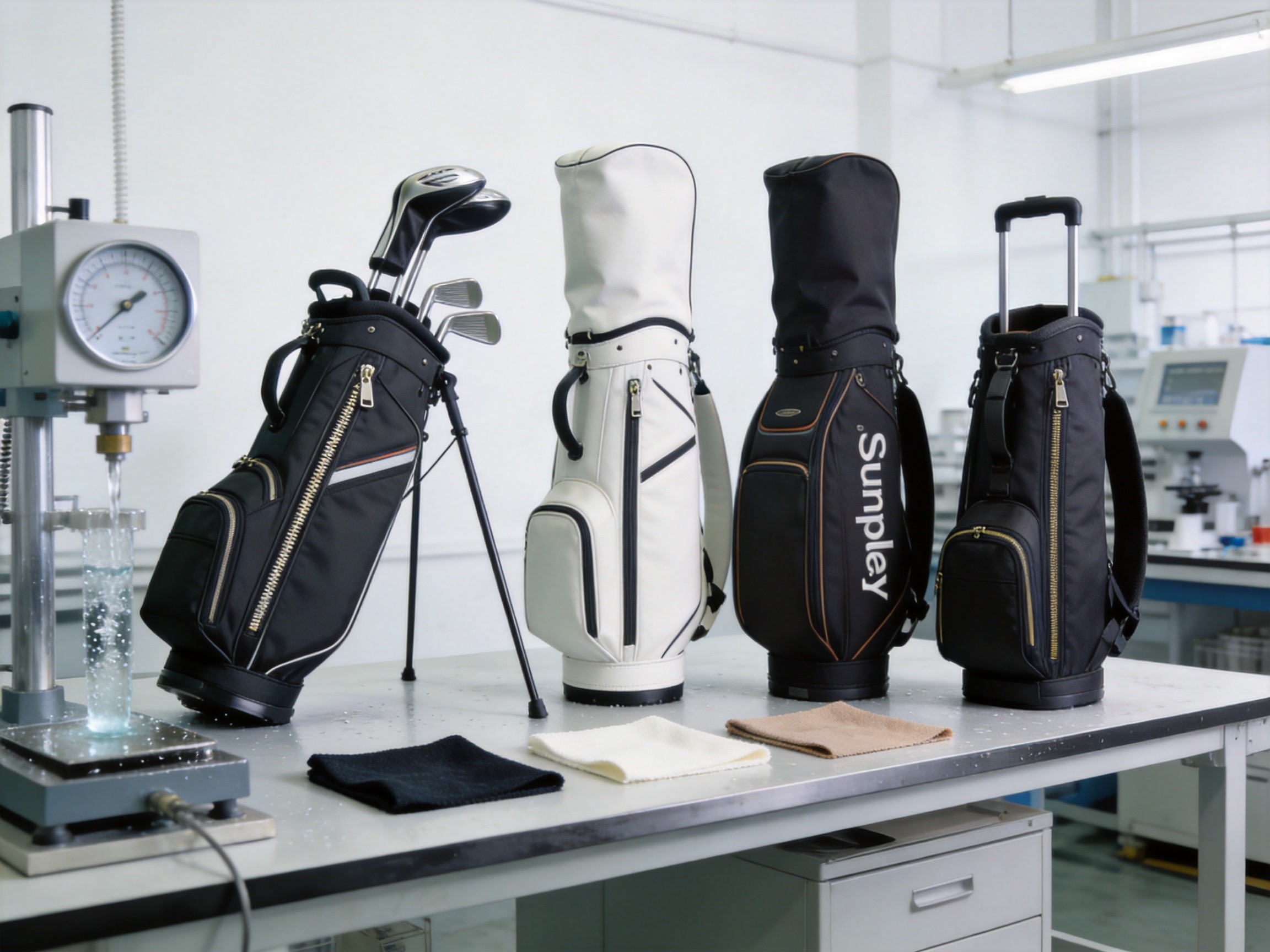 Multiple golf bag samples arranged for quality testing and evaluation including cart bags stand bags and Sunday bags