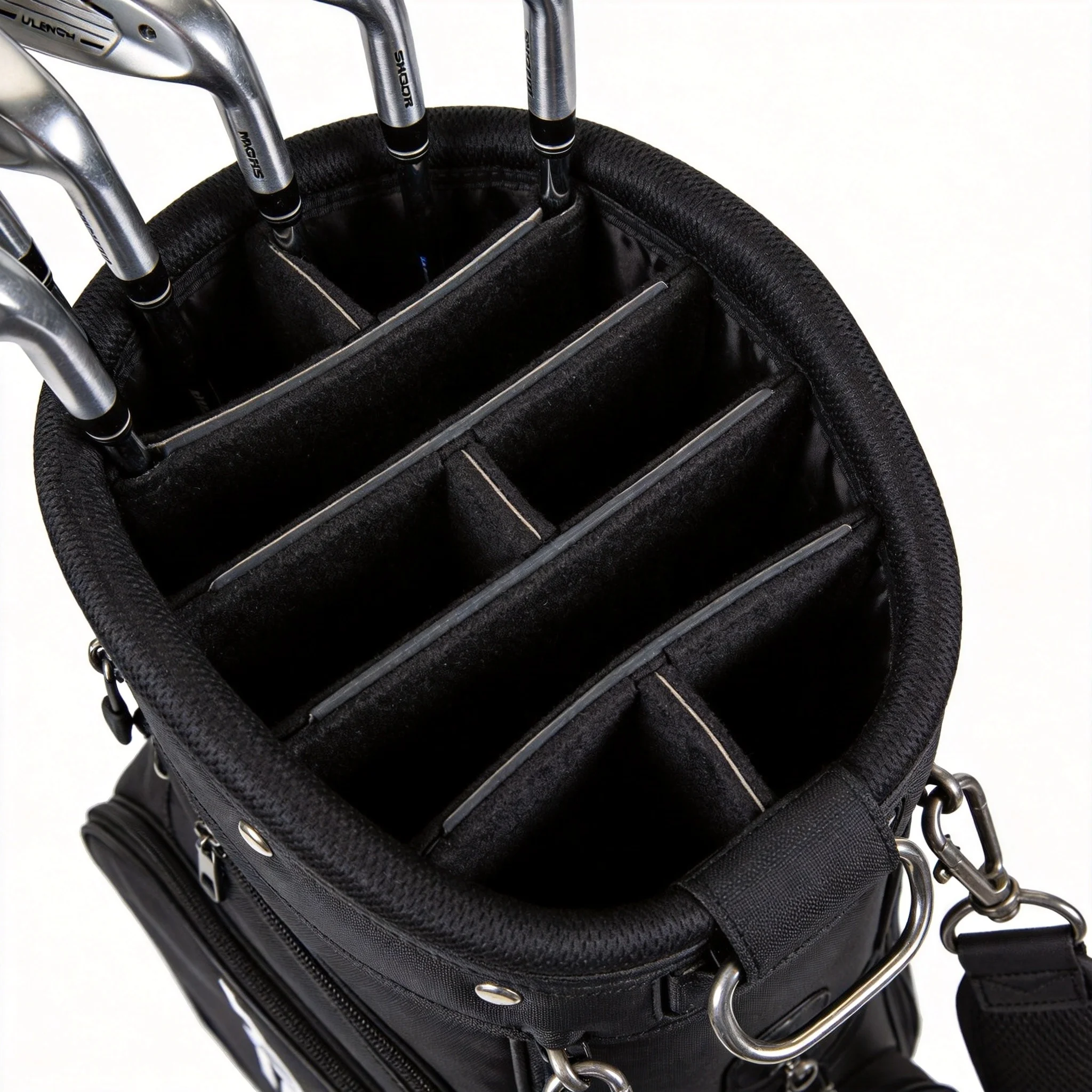 Golf bag accessories overview including rain hoods, towel rings, dividers, cooler pockets and headcovers
