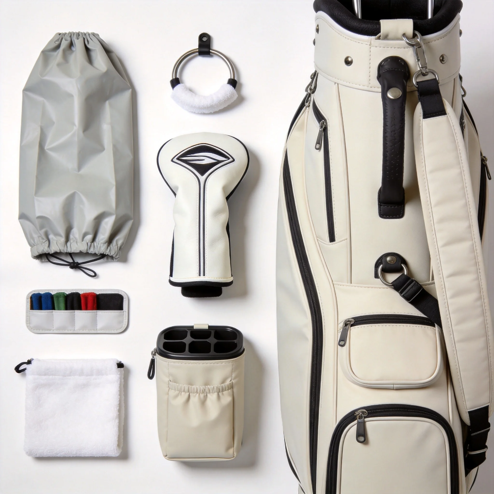 Material swatches for golf bag accessories including nylon, polyester, neoprene, and EVA