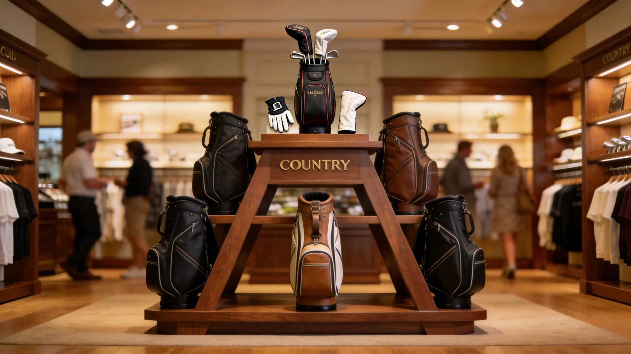 Golf pro shop floor display with freestanding wooden pyramid rack featuring premium golf bags with accessories and golf clubs, customers browsing in background